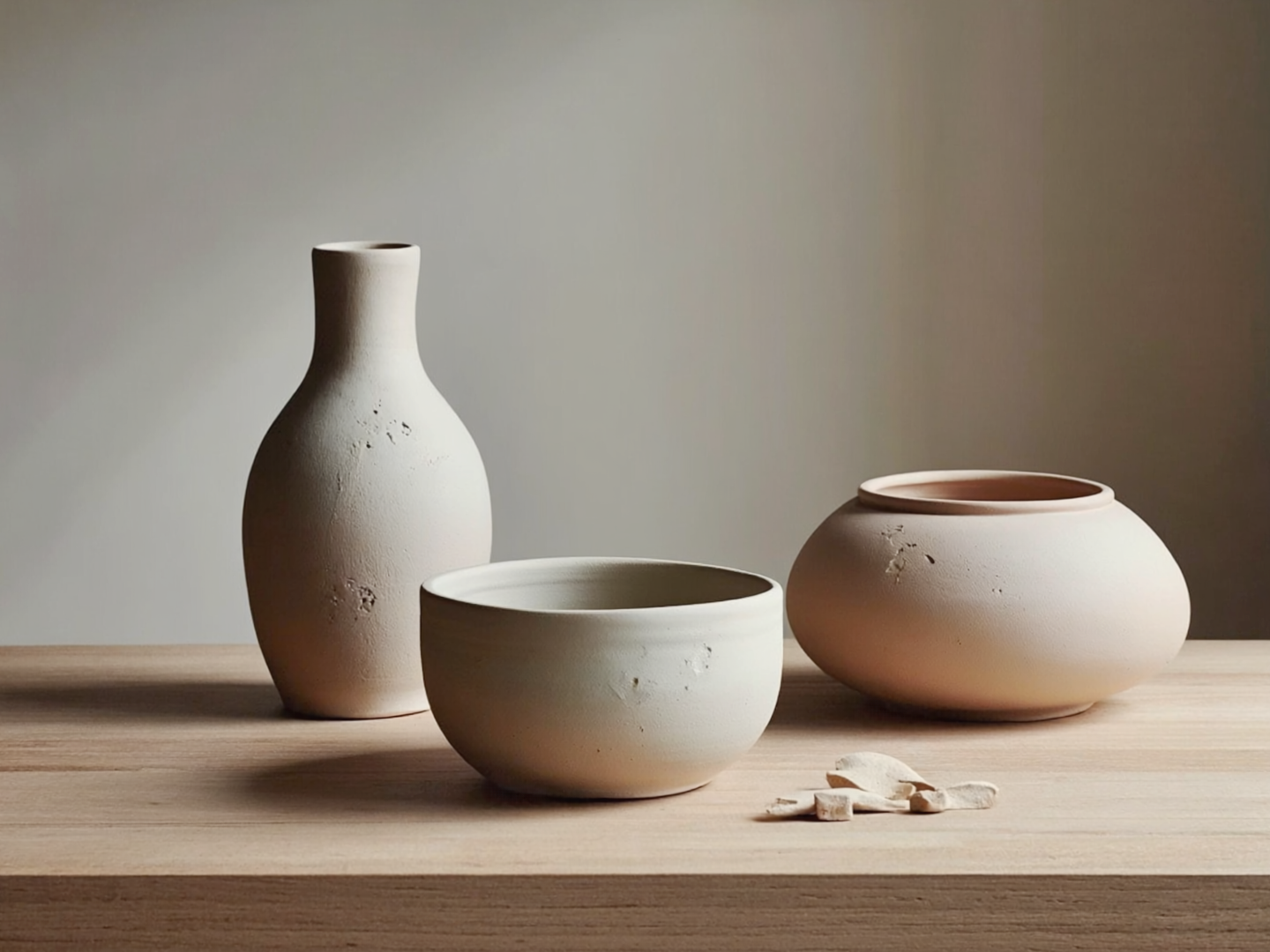 Elegant ceramic vases and bowls rest on a light wooden surface