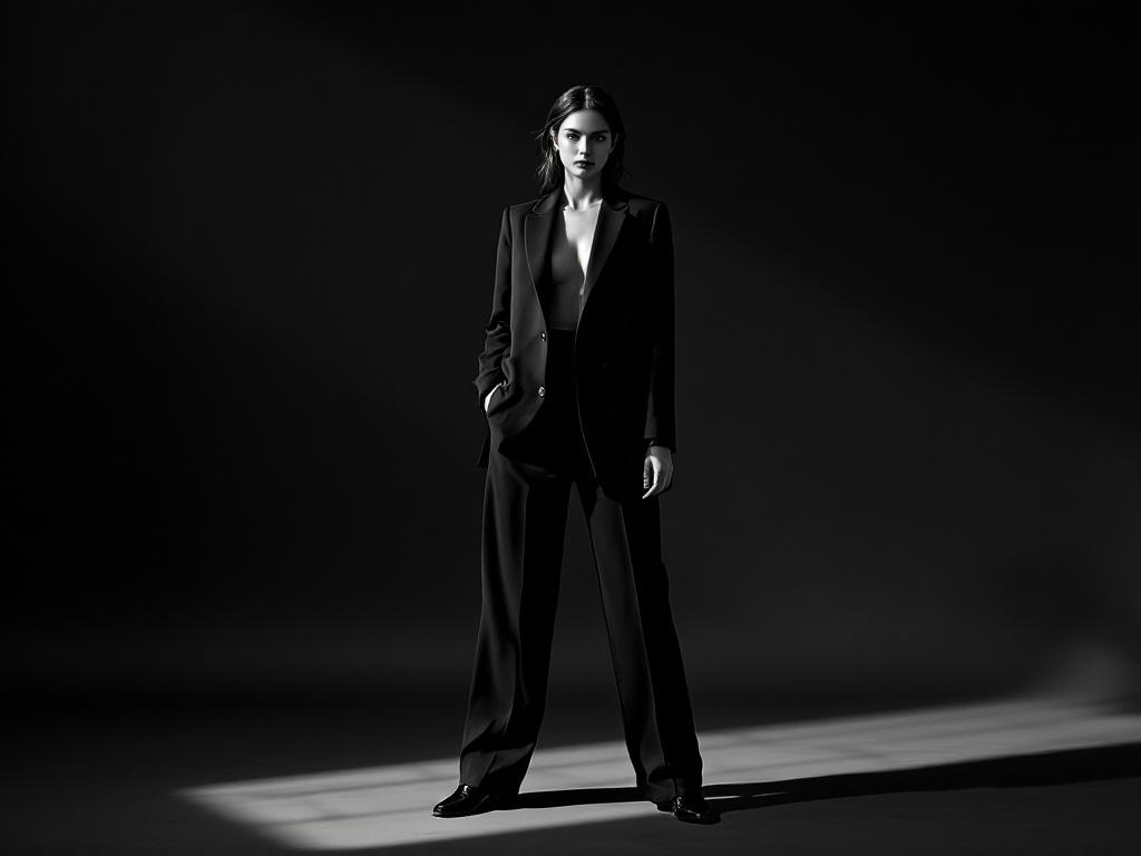 A woman stands confidently wearing a sleek black suit in a dimly lit setting