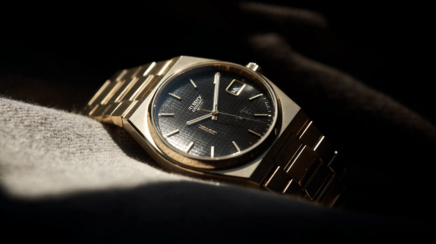 Relógio de pulso dourado em close-up, iluminado pela luz suave, destacando o design elegante e sofisticado.