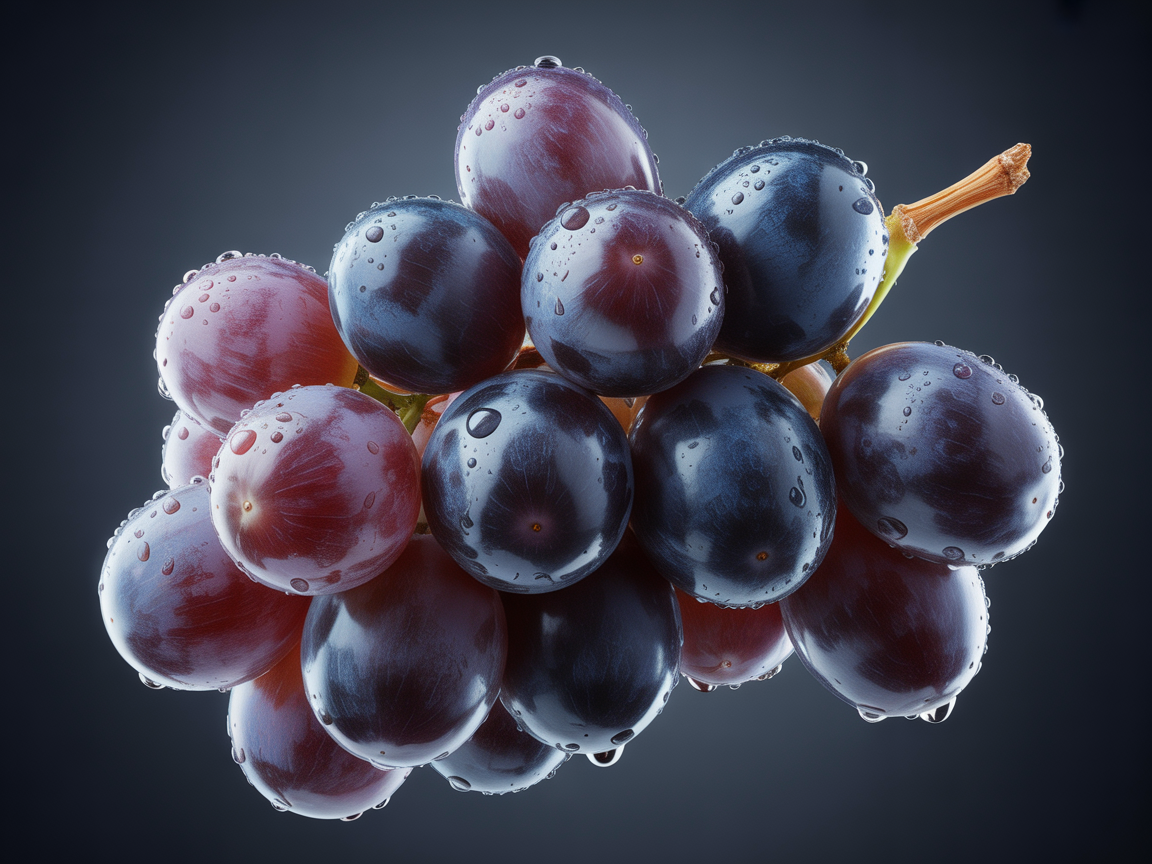 A vibrant cluster of fresh grapes covered in water droplets