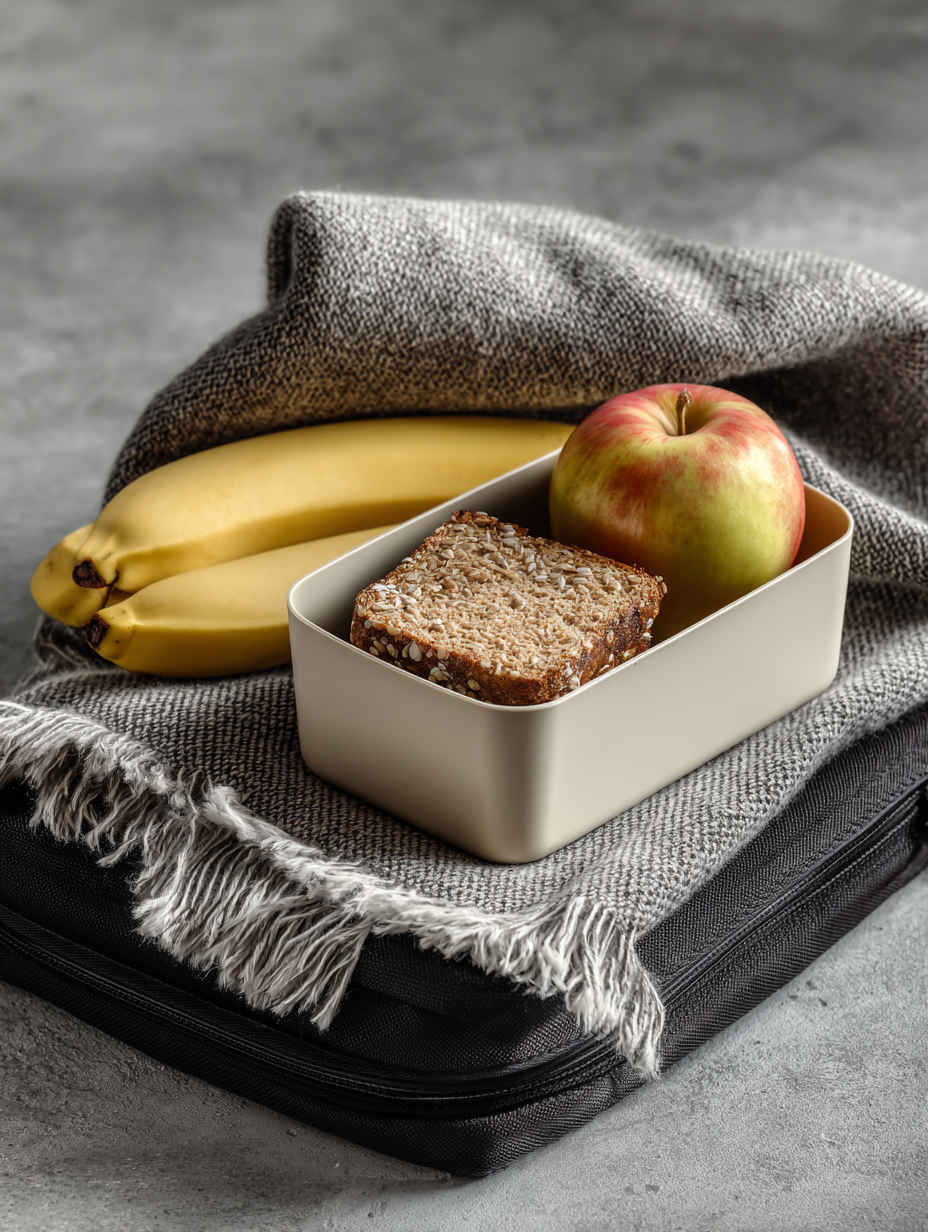 Uma lancheira minimalista com pão integral, maçã e bananas sobre um tecido cinza, transmitindo sensação de conforto e praticidade em estilo moderno.