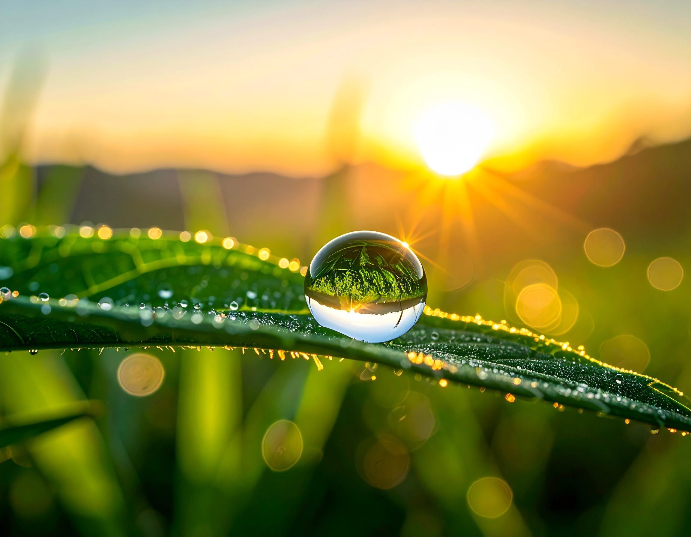 Dew drop on leaf with sunrise in the background creates a serene scene