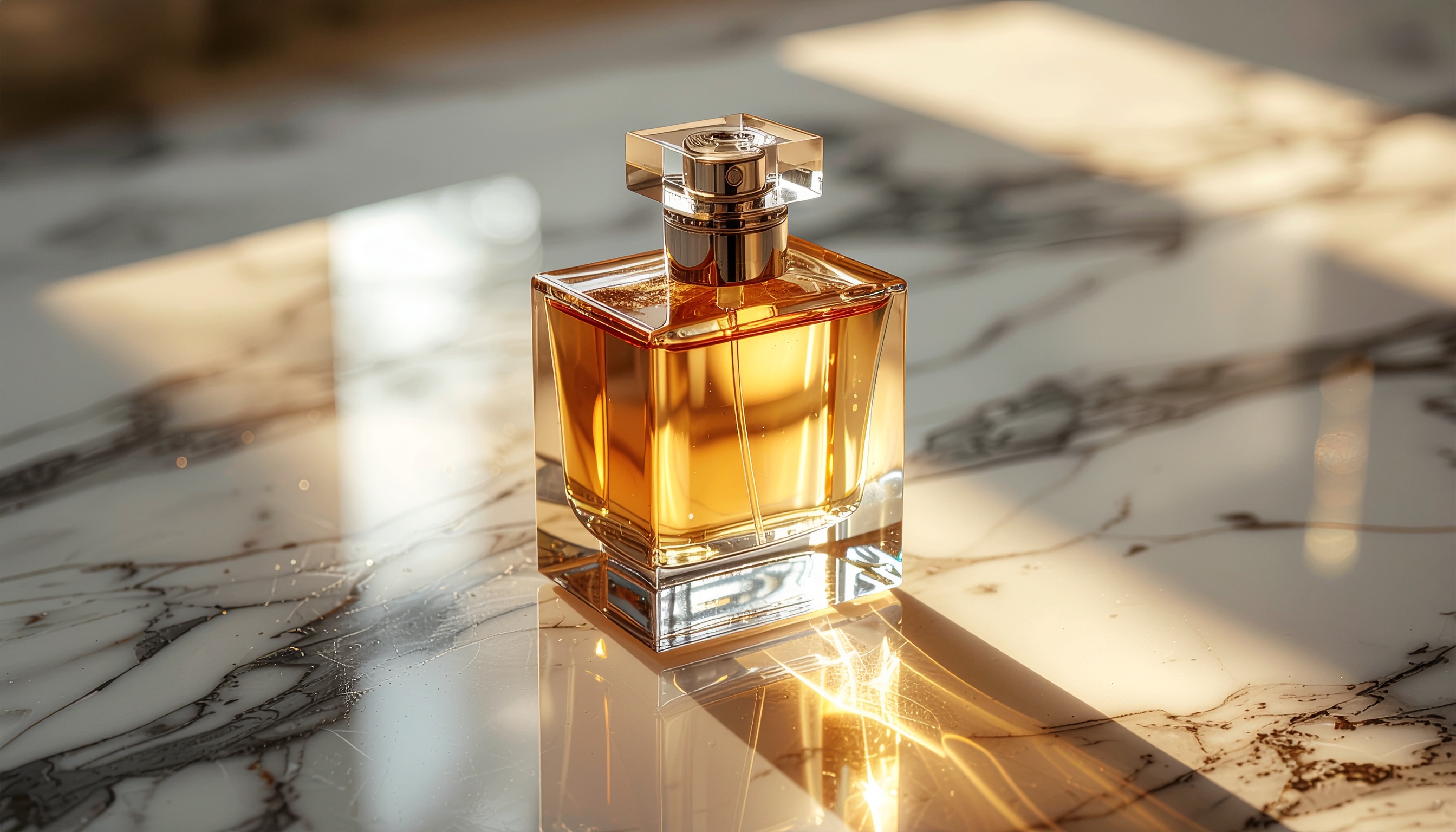 Elegant Amber Perfume Bottle on White Marble Surface