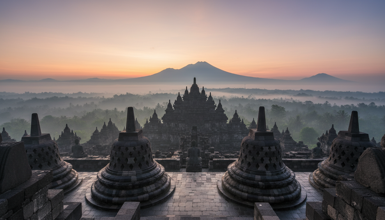 Borobudur Temple is silhouetted against a breathtaking sunrise, surrounded by misty jungles and dist
