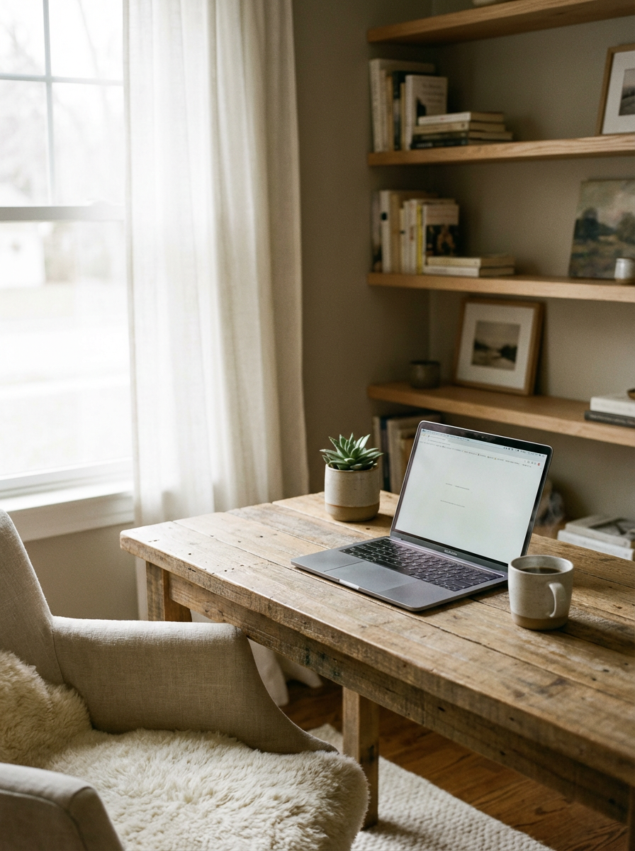 A cozy home office setup features a modern laptop on a rustic wooden desk