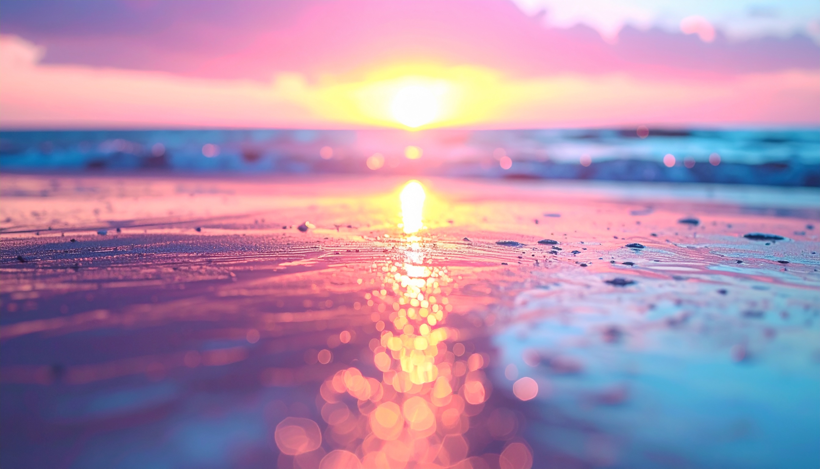 Cena de pôr do sol deslumbrante em uma praia, com reflexos dourados e rosa na areia molhada. A luz suave e difusa cria uma atmosfera tranquila e mágica, com foco seletivo no primeiro plano e um horizonte enevoado ao fundo. Composição simétrica e cores vibrantes destacam a serenidade do momento.