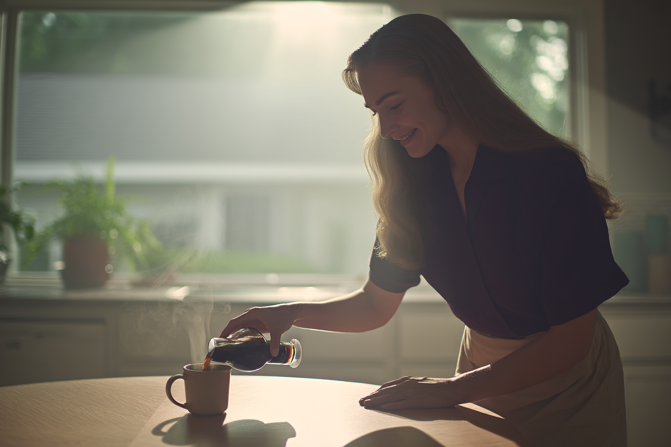 Uma mulher sorridente está servindo café em uma xícara de cerâmica em uma cozinha ensolarada. A luz suave do sol entra pela janela, criando um ambiente acolhedor e convidativo. Vapor quente sobe da xícara, sugerindo que o café está fresco e quente.