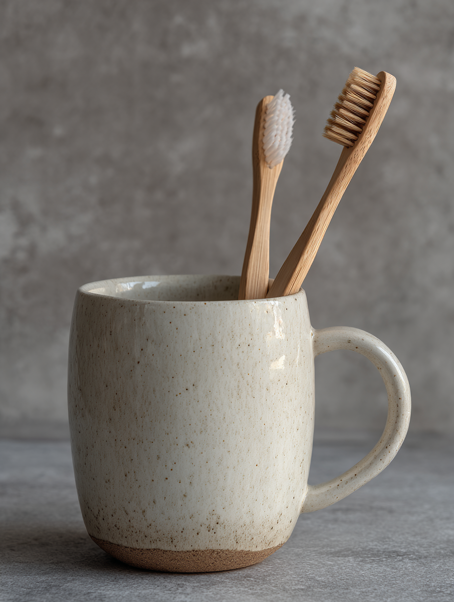 Imagem de duas escovas de dentes de bambu dentro de uma caneca de cerâmica bege com textura rugosa, sobre fundo neutro e iluminação suave que destaca as cerdas e as alças de madeira. A composição é minimalista e eco-friendly, com foco preciso no primeiro plano e fundo desfocado, criando uma atmosfera tranquila e natural.