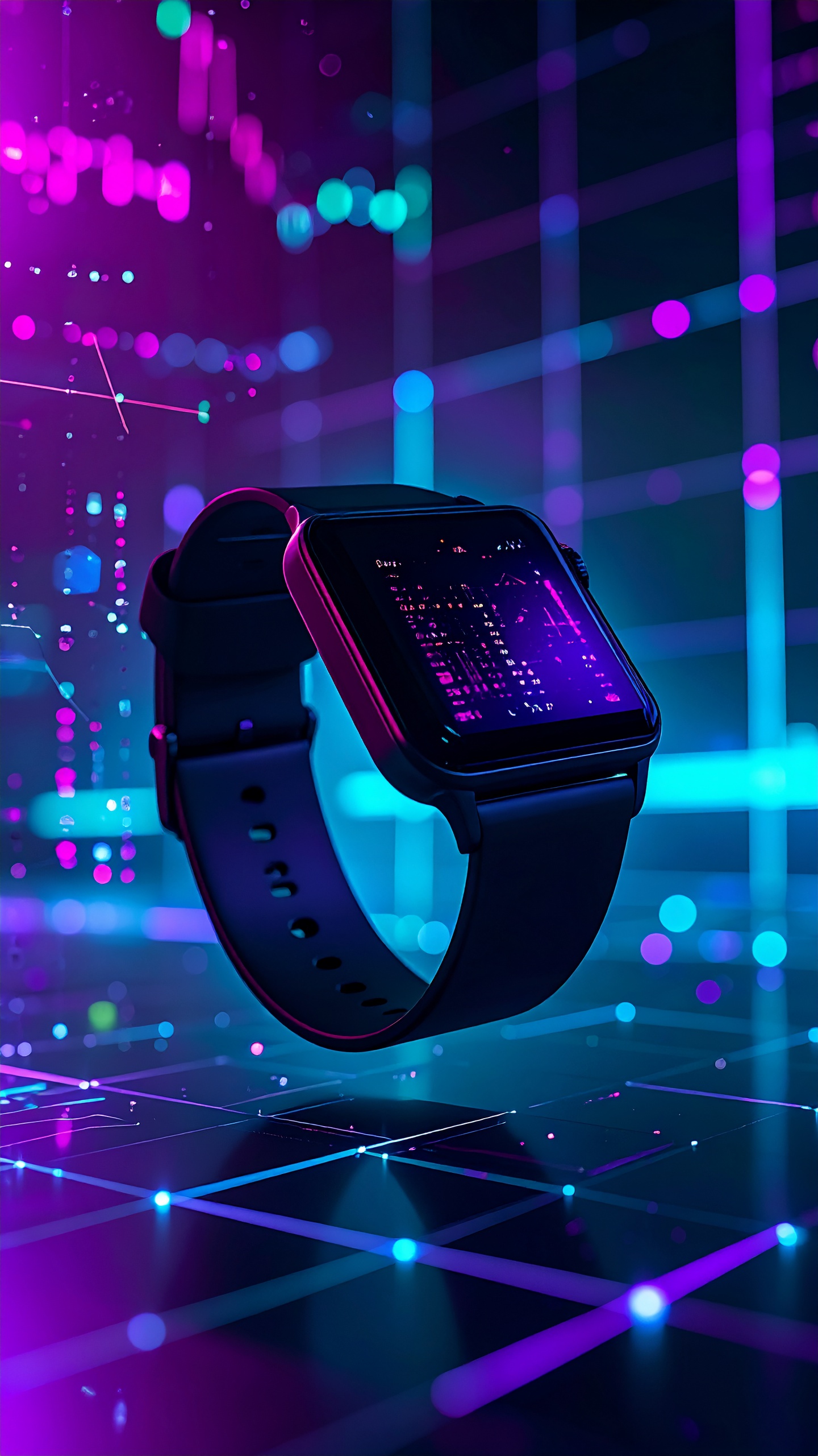 Smartwatch moderno com mostrador digital iluminado por cores neon vibrantes. Ideal para entusiastas de tecnologia e moda, este relógio oferece funcionalidades avançadas de monitoramento e conectividade. O design elegante em preto com tela colorida destaca-se em ambientes urbanos e tecnológicos. Perfeito para uso diário em situações casuais ou profissionais, onde estilo e eficiência são essenciais. O diferencial está na sua interface intuitiva e capacidade de integração com outros dispositivos inteligentes.