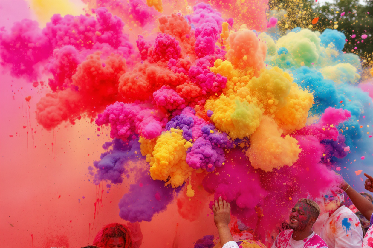 A vibrant explosion of colorful powders fills the air, creating a stunning visual spectacle