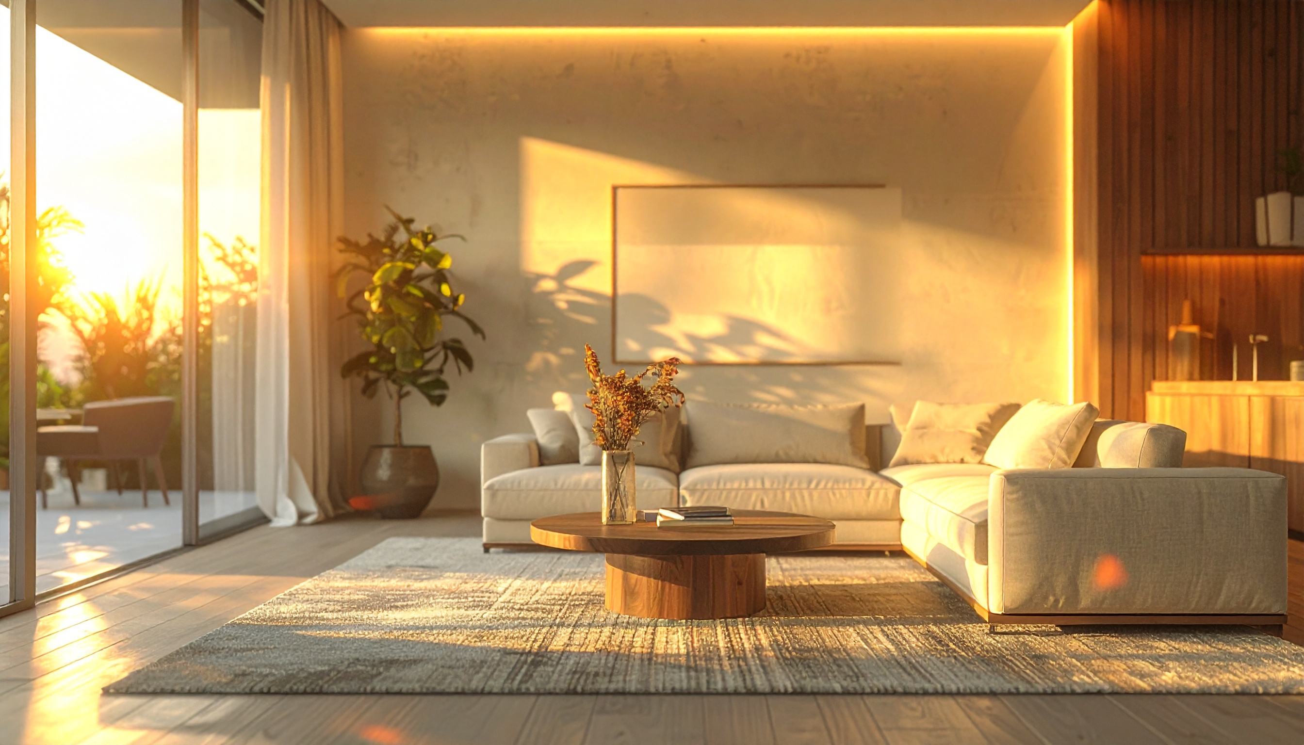 Sala de estar moderna e iluminada pelo sol poente, com sofá bege e mesa de centro em madeira sobre tapete texturizado. A iluminação suave e as sombras criam um ambiente acolhedor e harmonioso, enquanto plantas decorativas acrescentam um toque de natureza. As grandes janelas de vidro proporcionam uma transição suave entre o interior e o exterior, destacando o design minimalista e elegante.