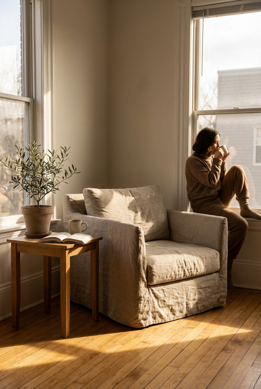 Cozy reading nook with a soft armchair and wooden side table in natural light