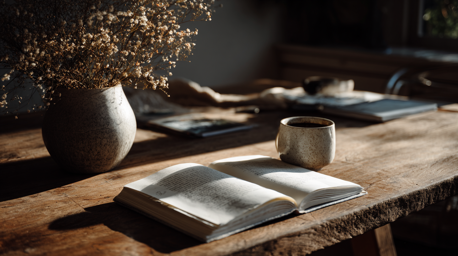 A imagem apresenta uma cena tranquila de um ambiente de leitura, com um livro aberto em uma mesa de madeira rústica. Um vaso com flores secas está posicionado à esquerda e uma caneca de cerâmica está ao lado do livro. A luz suave do sol ilumina a cena, criando sombras e destacando as texturas dos objetos.