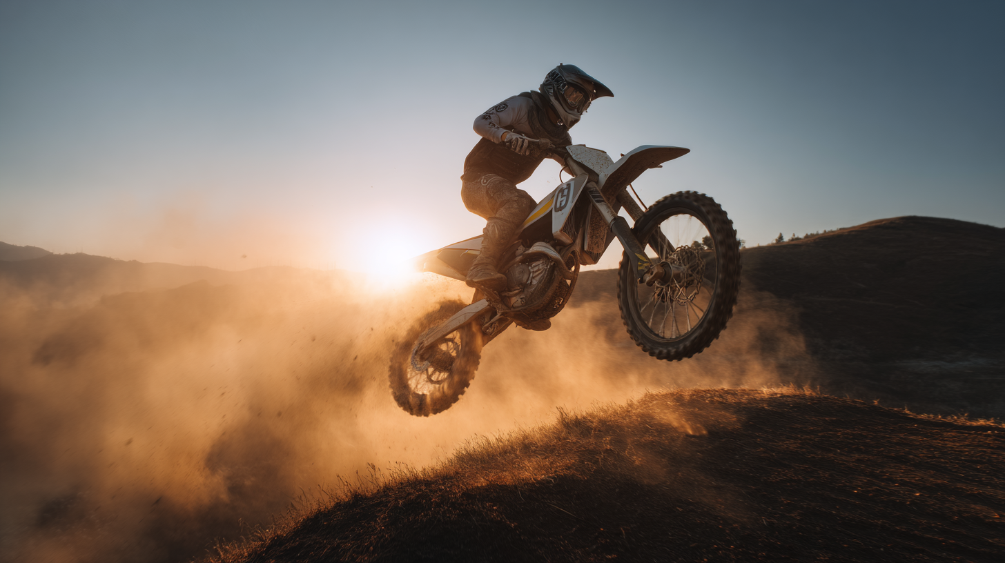 Um piloto de motocross saltando em uma moto off-road durante o pôr do sol, com poeira levantando ao redor e um cenário montanhoso ao fundo, transmitindo a emoção e a aventura do motociclismo.