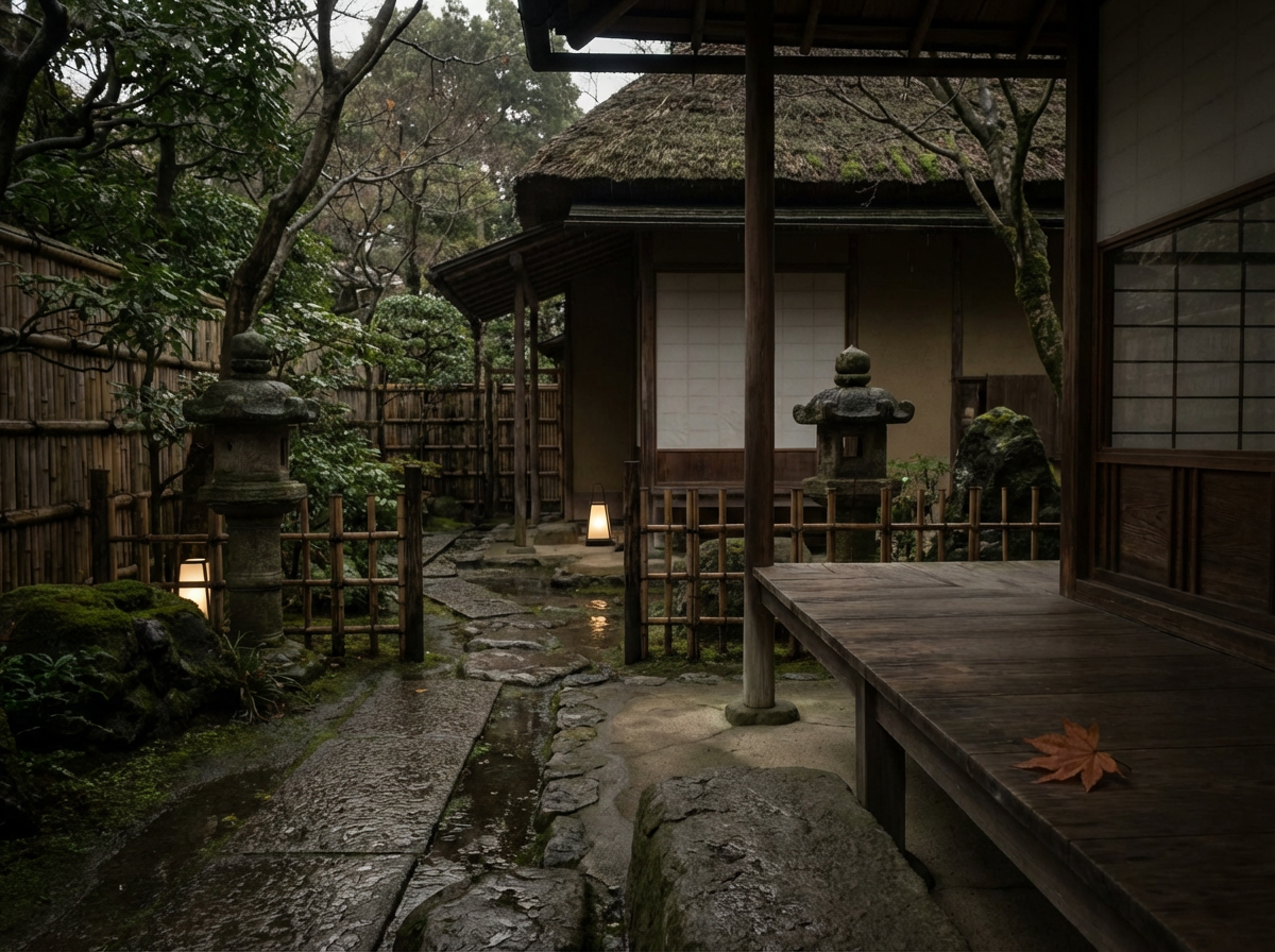 Traditional Japanese garden with wooden architecture and stone path