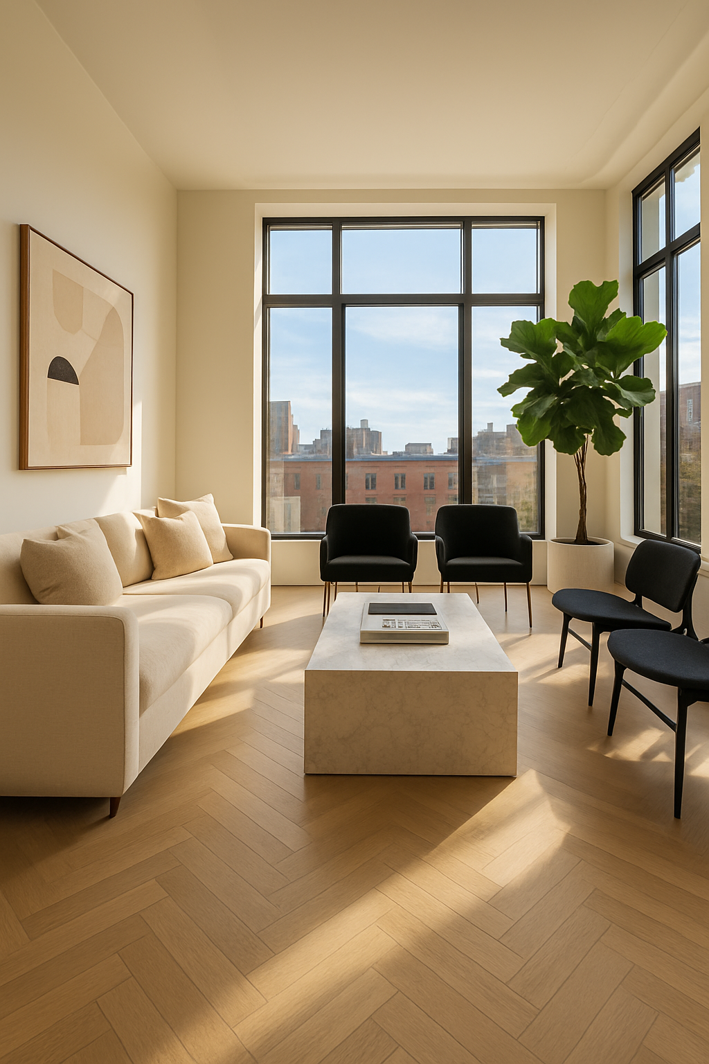 A modern living room features a beige sofa and black chairs against large windows