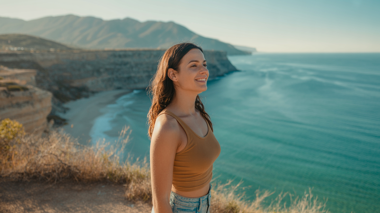 Smiling Woman Standing on Cliff Overlooking Blue Sea and Mountains