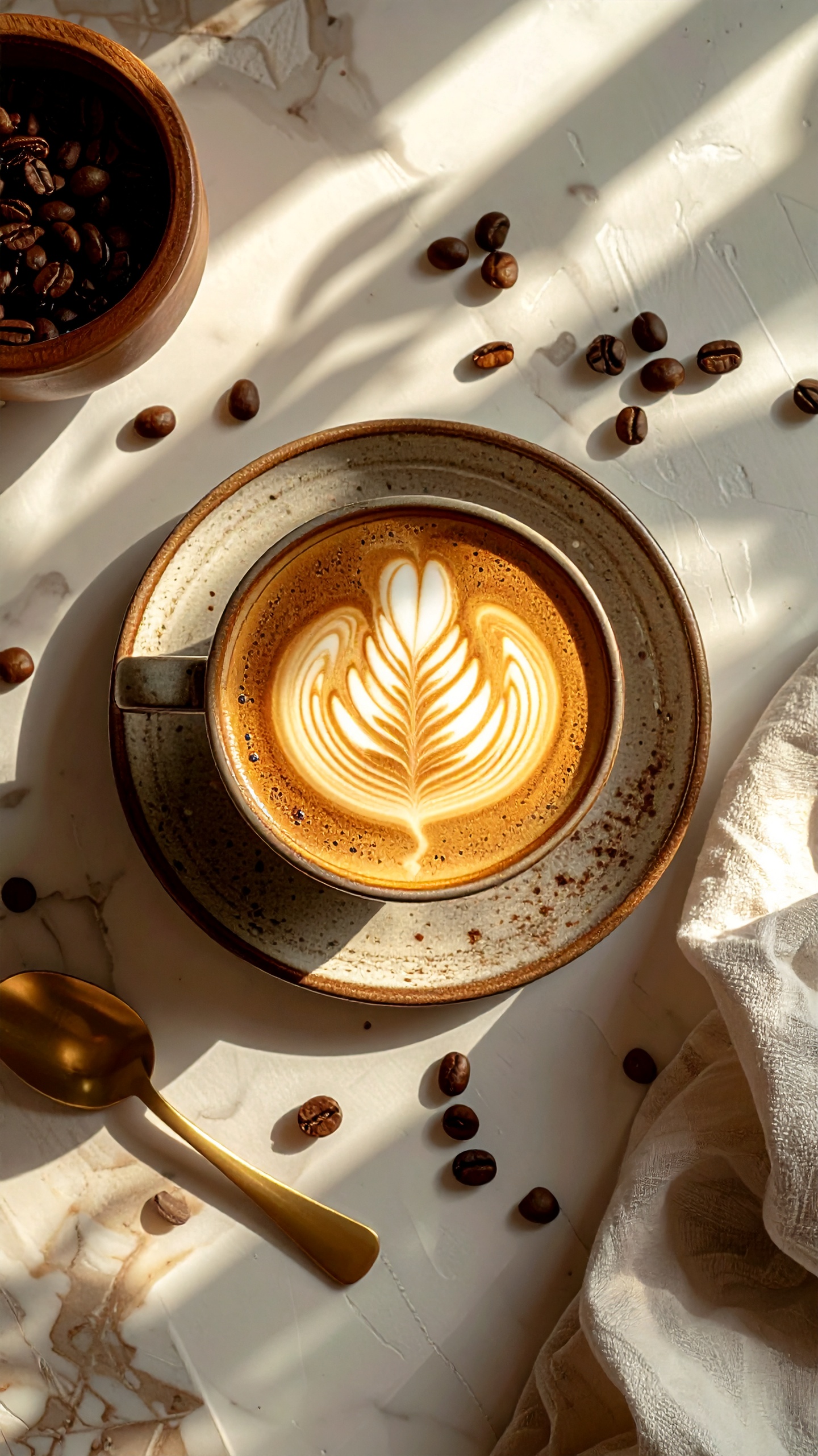 A beautifully crafted cappuccino with latte art sits on a rustic ceramic plate, surrounded by
