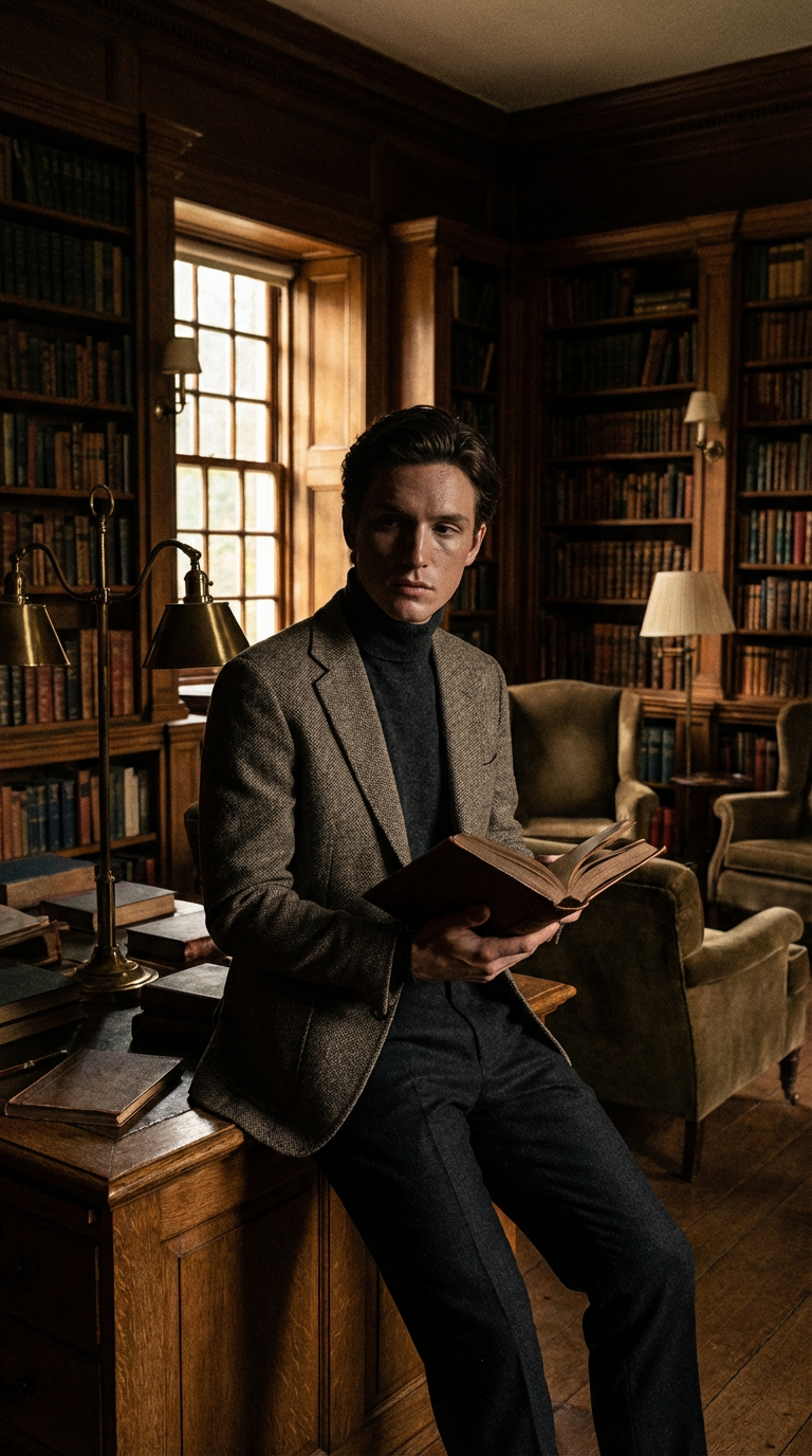 A man in a tailored suit stands in a classic library setting