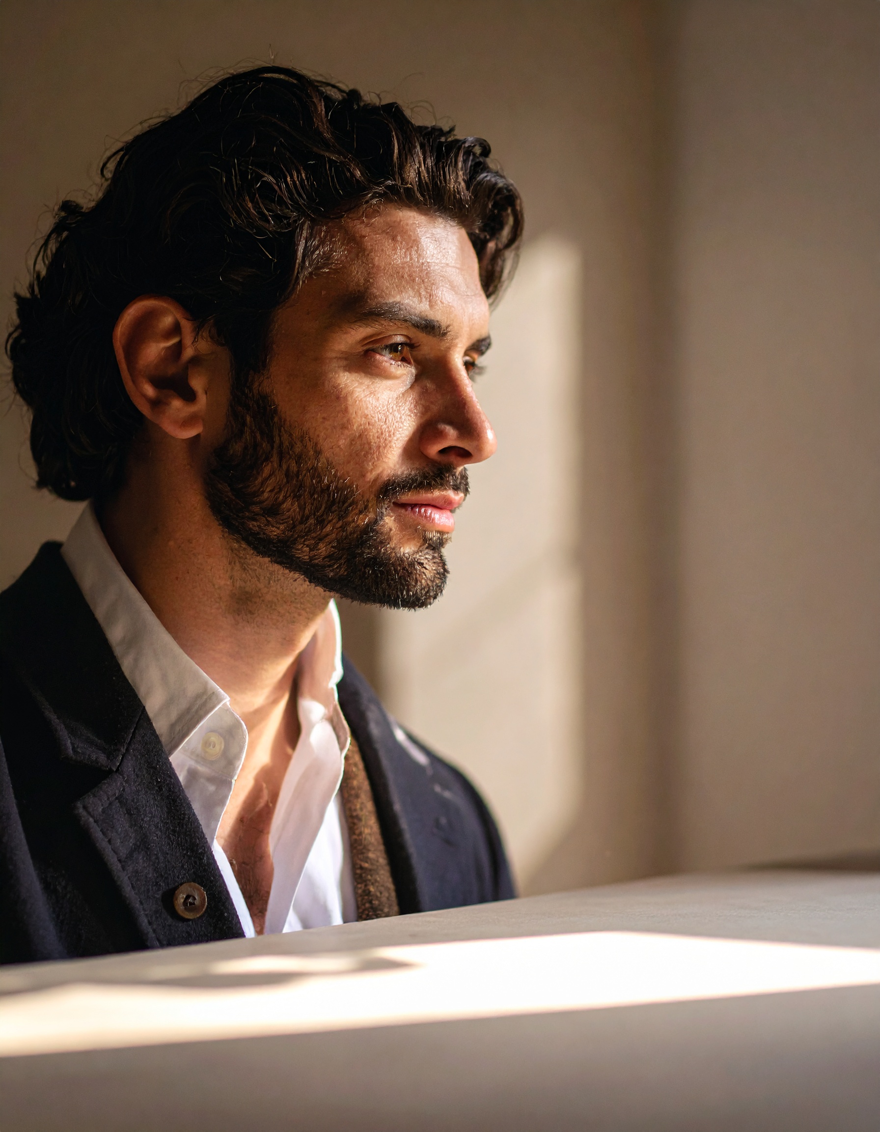 A contemplative man gazes thoughtfully in soft, natural lighting