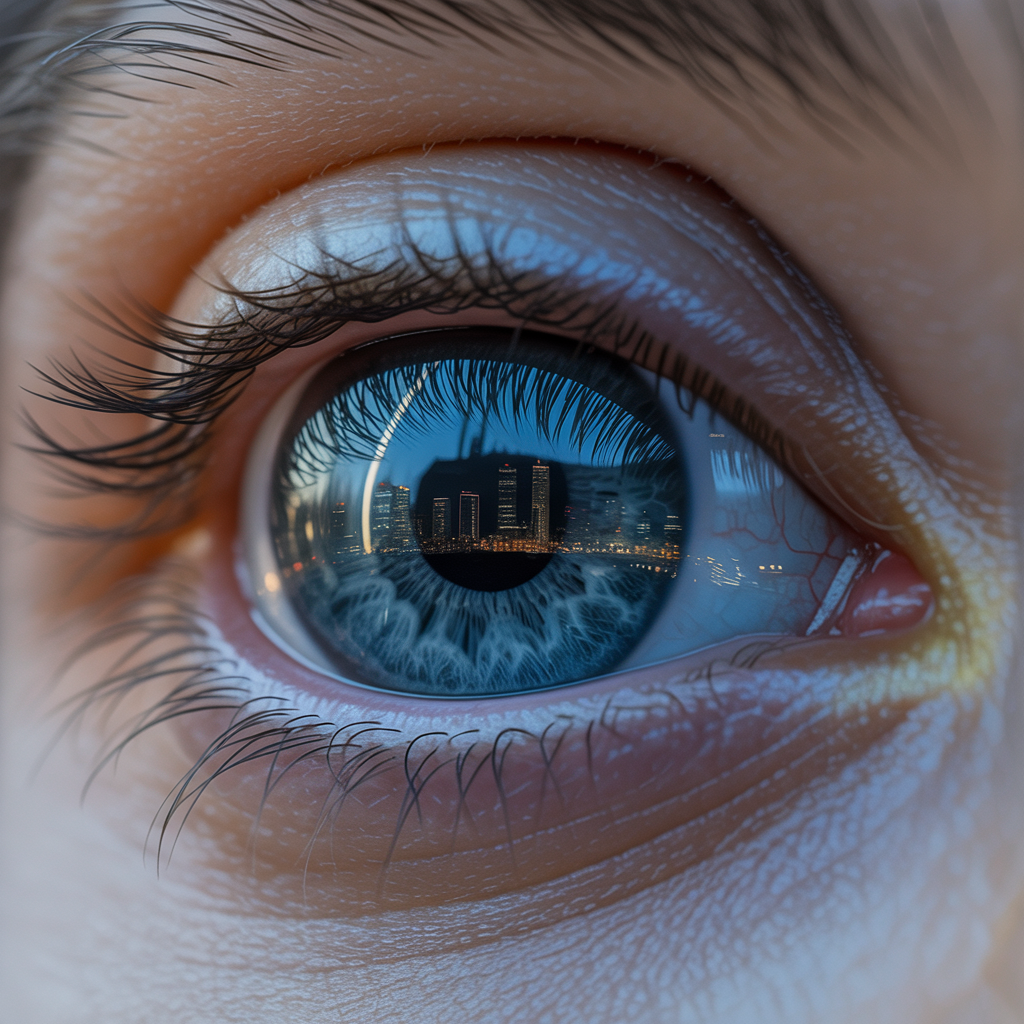 Close-up de um olho humano com reflexo de um horizonte urbano em sua íris azul. A composição destaca texturas detalhadas dos cílios e pele, sob iluminação suave, criando um contraste entre o olho e a paisagem urbana refletida. O ângulo macro enfatiza a profundidade e complexidade visual, proporcionando uma atmosfera intrigante e surreal.