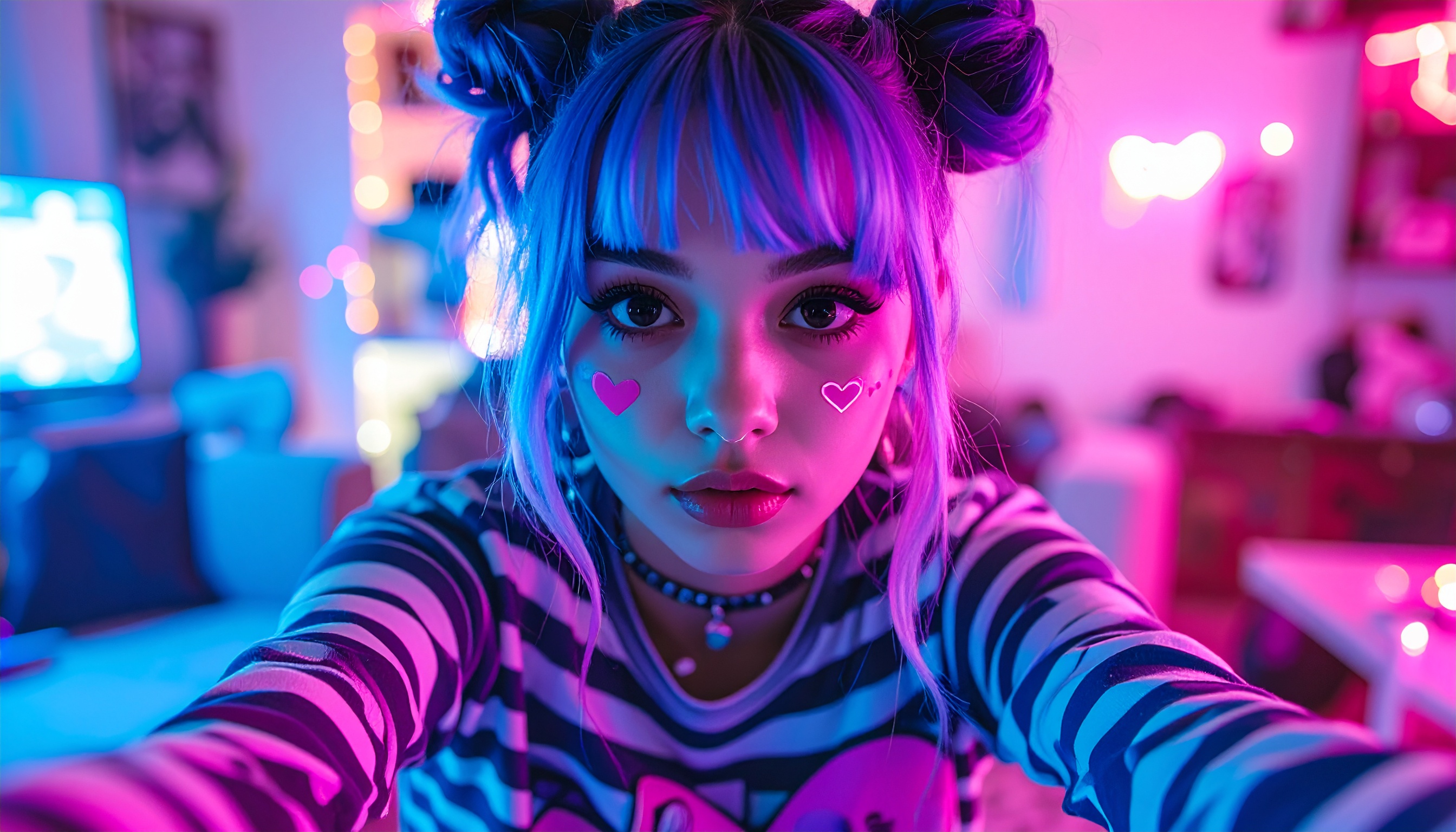 A young woman with vibrant hair stands in a neon-lit room, capturing a selfie