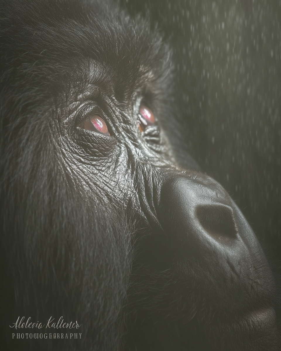 Close-up de um gorila com olhar melancólico, destacando detalhes faciais e textura do pelo sob iluminação suave. O fundo escuro contrasta com a pele brilhante, criando uma atmosfera introspectiva e contemplativa.