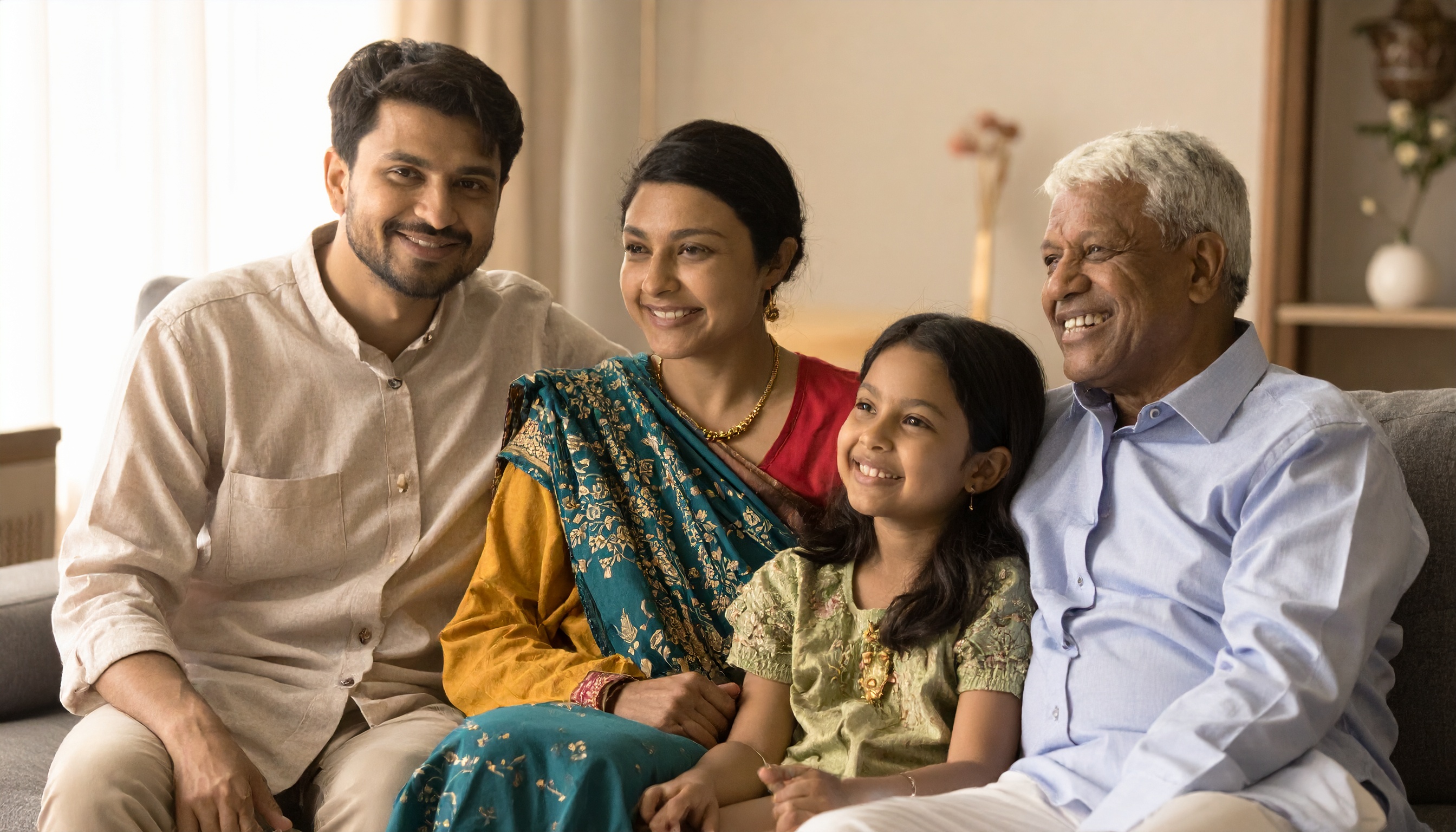 A multi-generational family smiling together on a cozy living room sofa