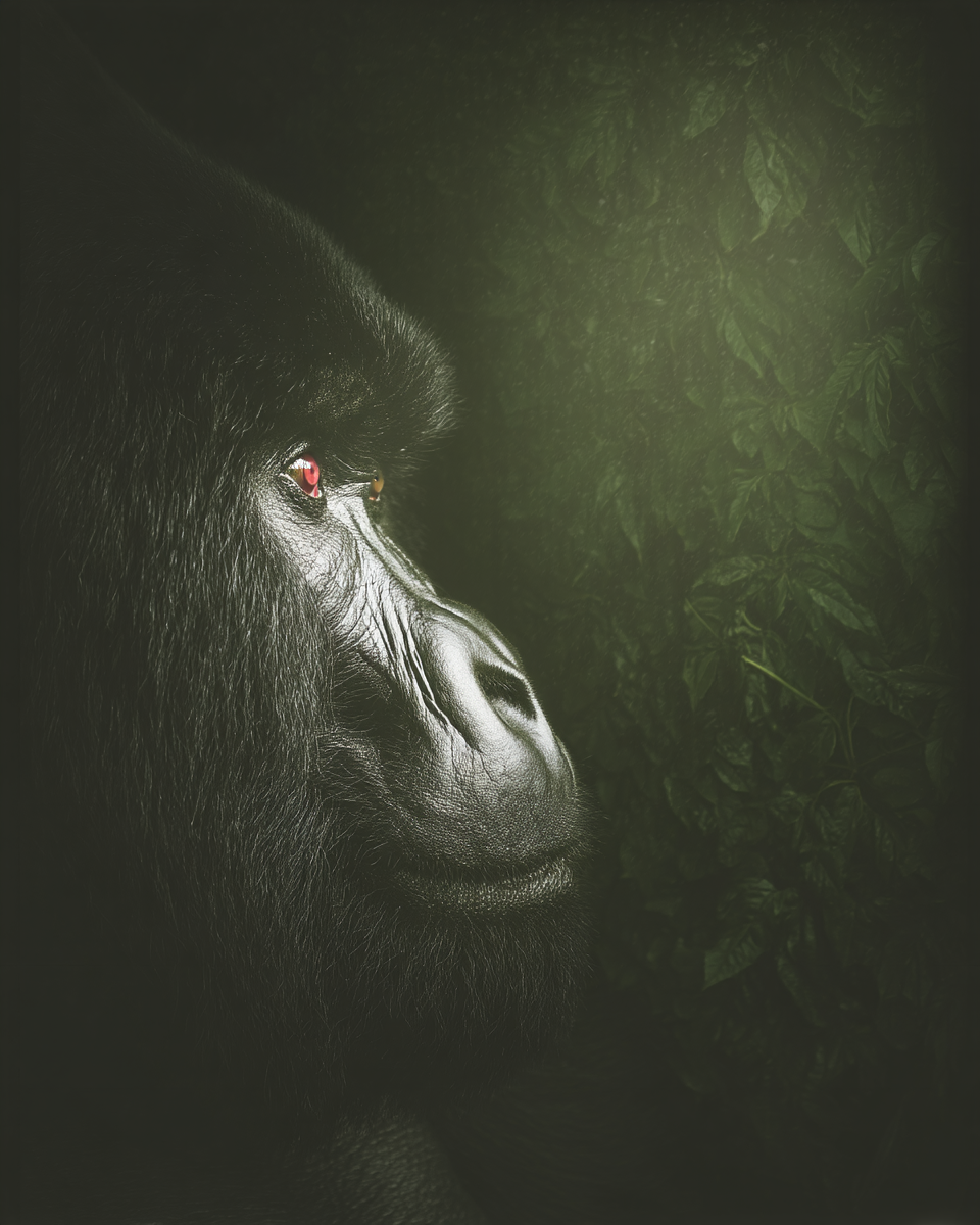 Retrato de gorila em perfil com iluminação suave, destacando textura do pelo escuro e olhos vermelhos intensos, cercado por folhagem verde profunda.