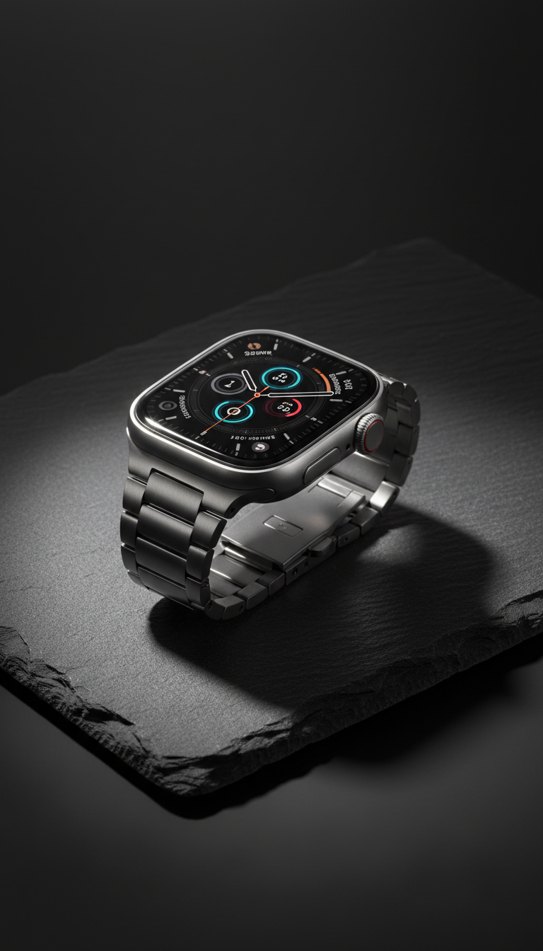 A sleek, modern smartwatch rests elegantly on a dark slate surface