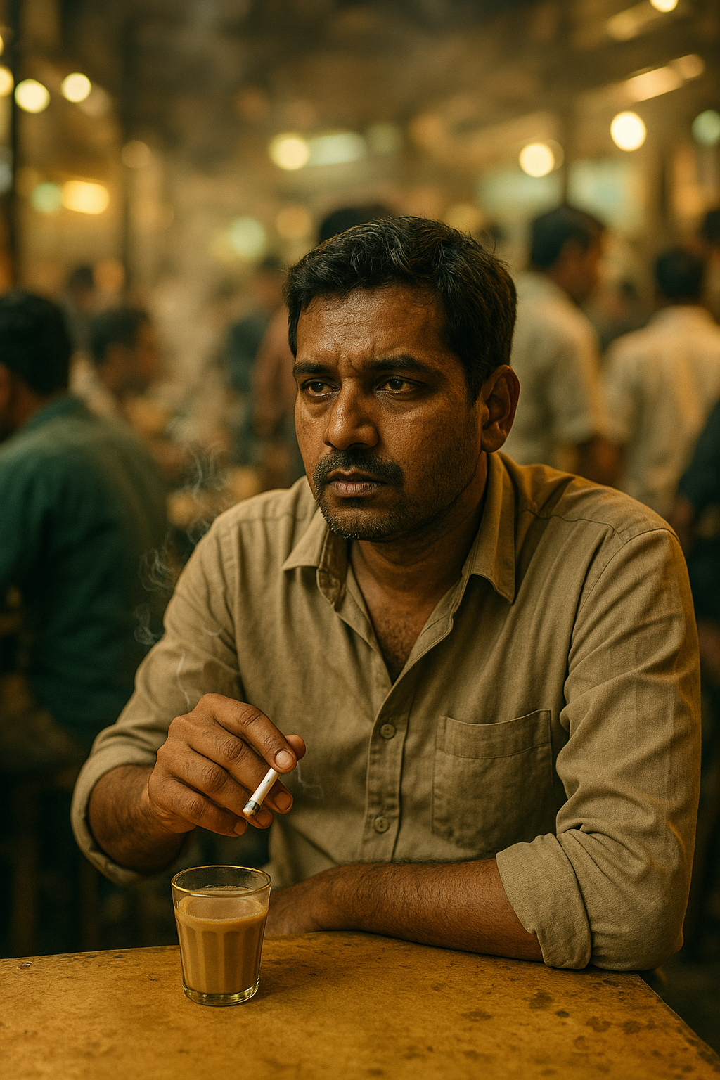 A man sits thoughtfully in a bustling café, holding a cigarette and chai
