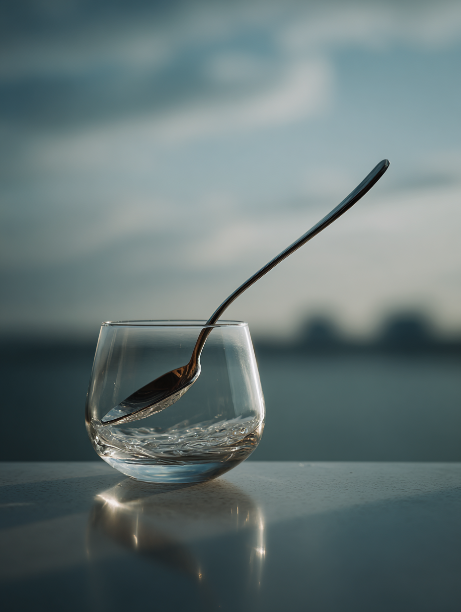 Um copo de vidro transparente com uma colher curva repousa elegantemente sobre uma superfície lisa, refletindo a luz suave do entardecer. O fundo desfocado sugere um ambiente sereno e minimalista, evocando tranquilidade e simplicidade moderna.