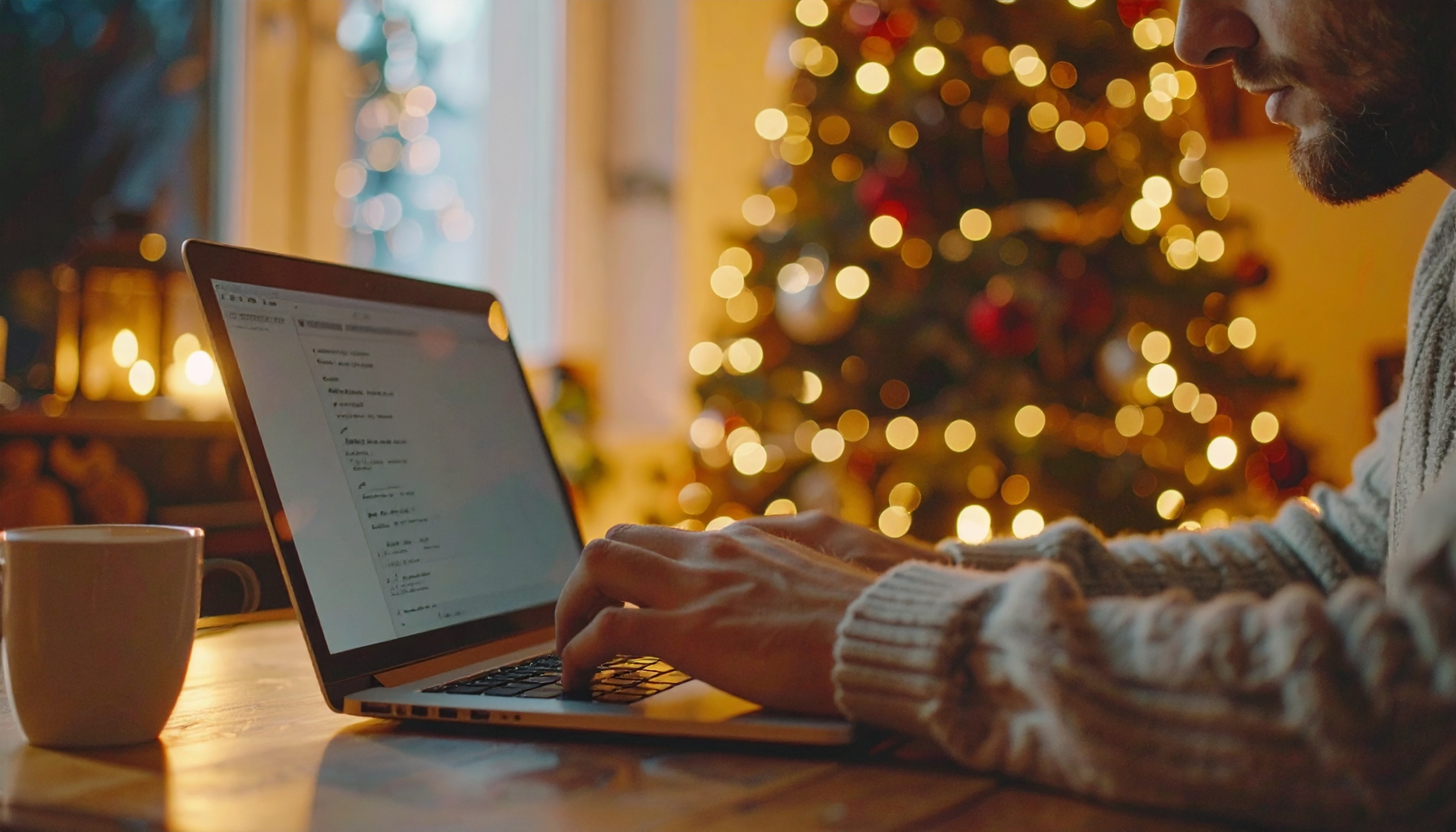 Pessoa digitando em laptop sobre mesa de madeira, com luz suave de velas e árvore de Natal ao fundo. A composição transmite um ambiente acolhedor e festivo, com foco suave e iluminação quente destacando as luzes de Natal desfocadas.