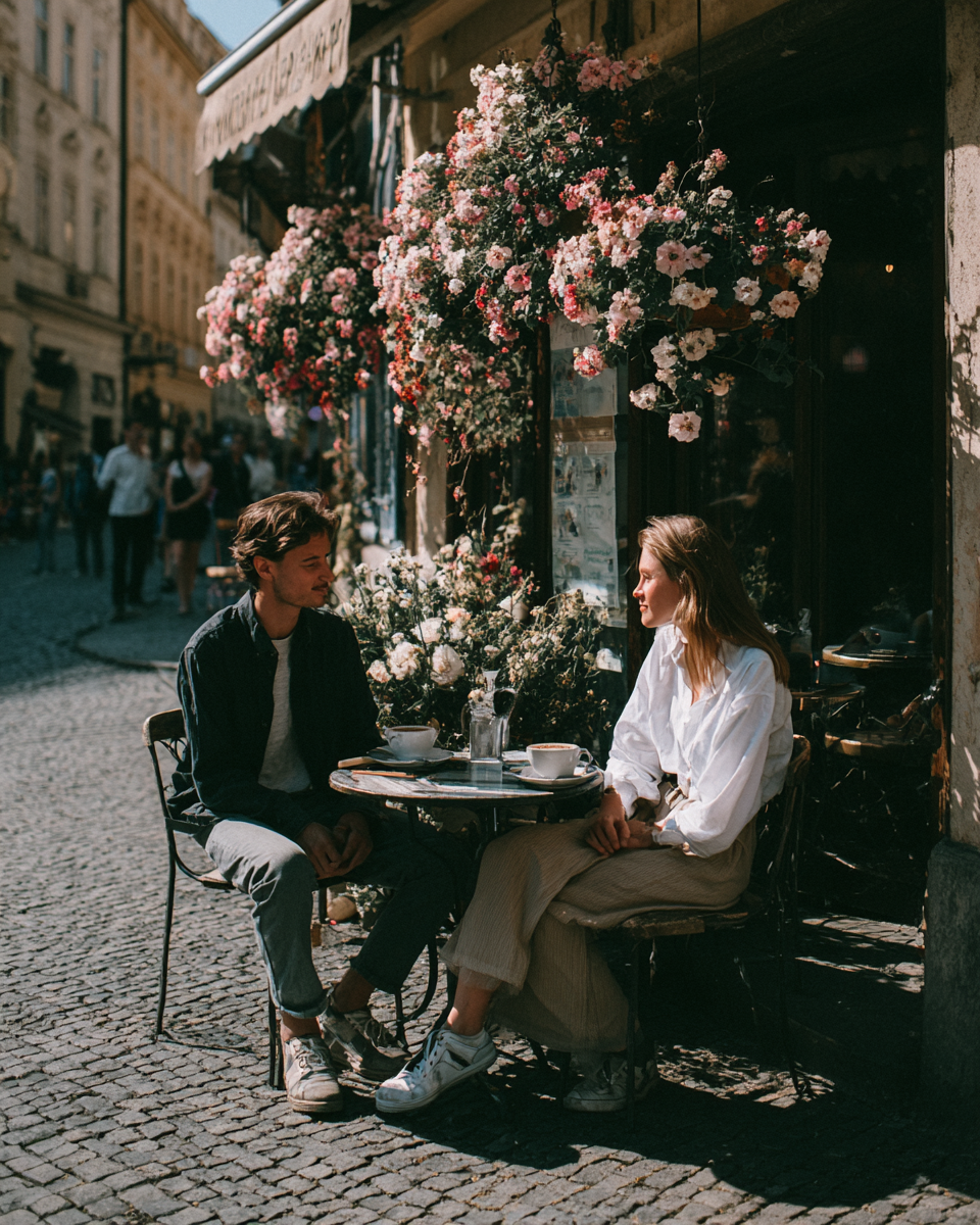 Um casal desfrutando de um café em uma charmosa rua de pedras, rodeado por flores suspensas em uma aconchegante cafeteria. A luz do sol ilumina a cena, realçando o ambiente romântico e vibrante.
