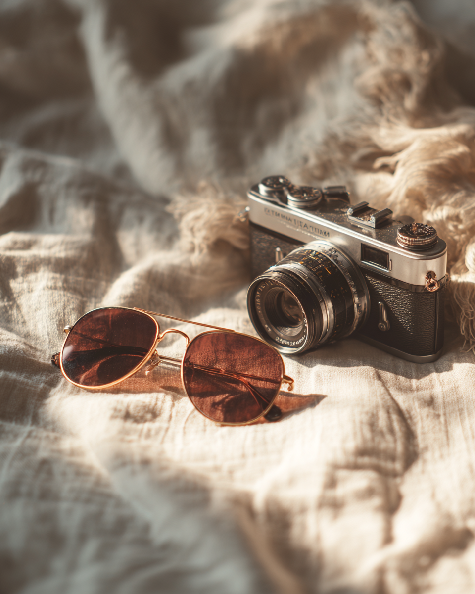 Uma câmera vintage ao lado de óculos de sol modernos, capturando a essência do estilo clássico e contemporâneo. A imagem é iluminada suavemente, destacando os detalhes artísticos do equipamento fotográfico e dos acessórios de moda.