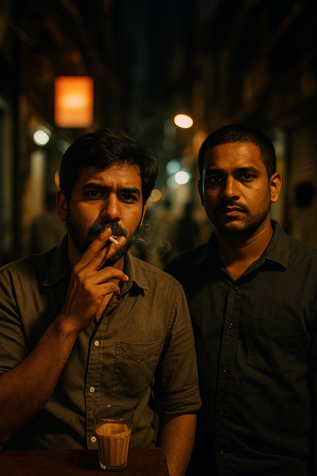 Two men stand in a dimly-lit street, one smoking and the other observing