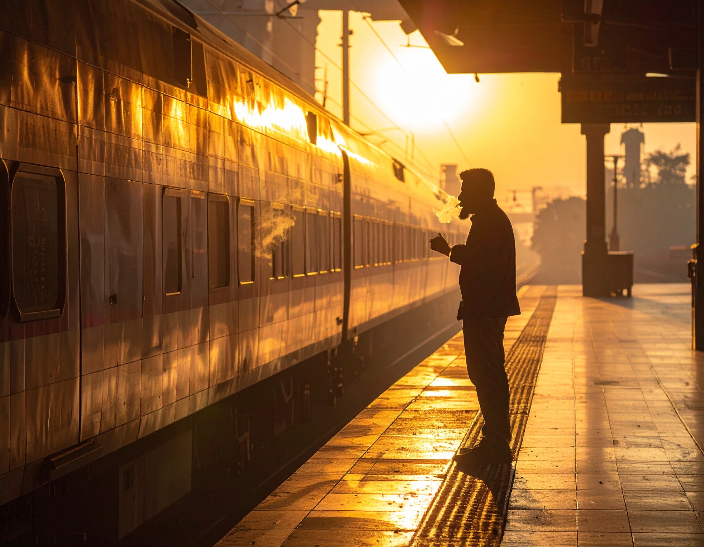 A man stands on a train platform, illuminated by the golden glow of the setting sun