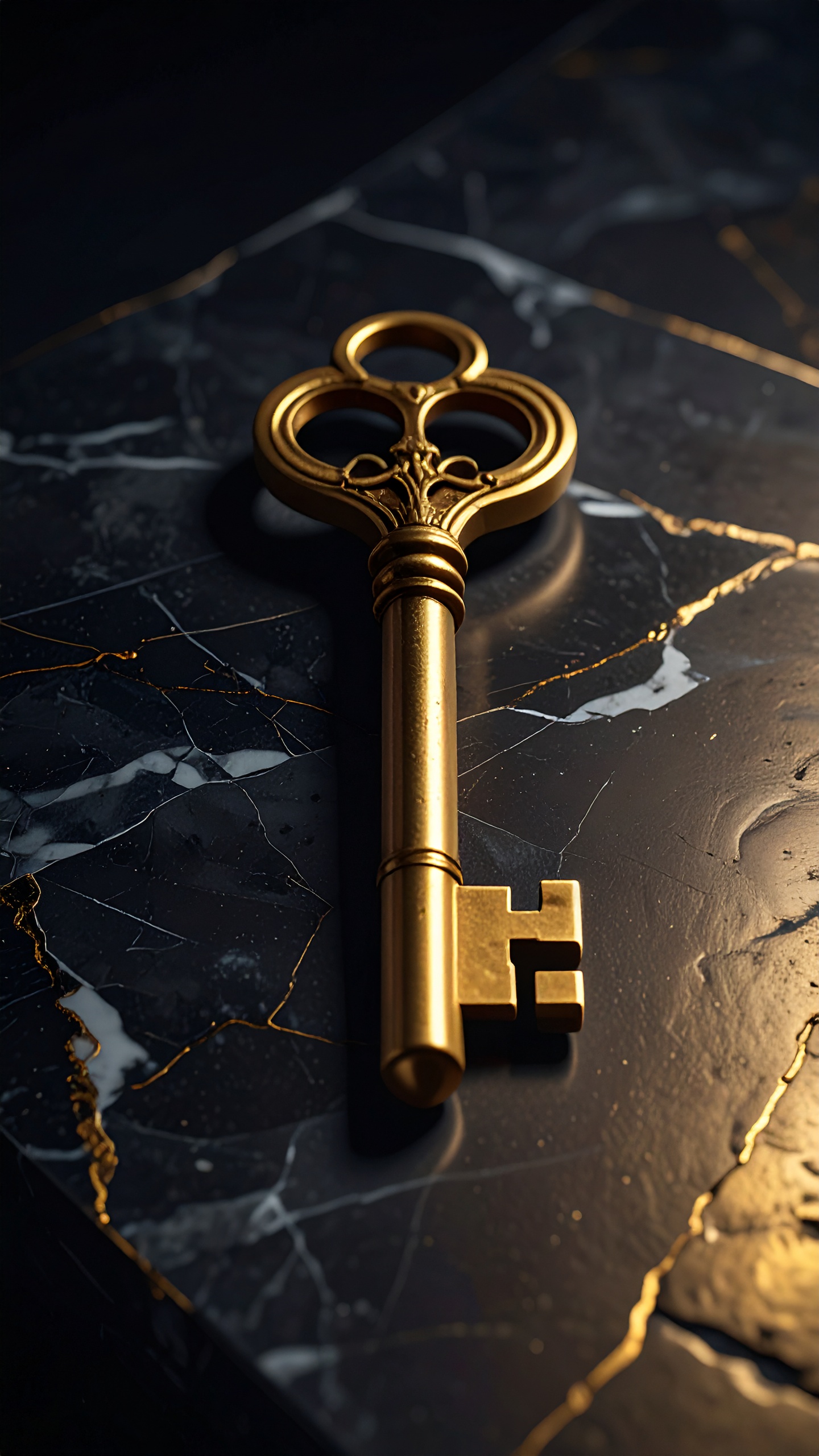 A luxurious golden key rests elegantly on a black marble surface, exuding a sense of opulence