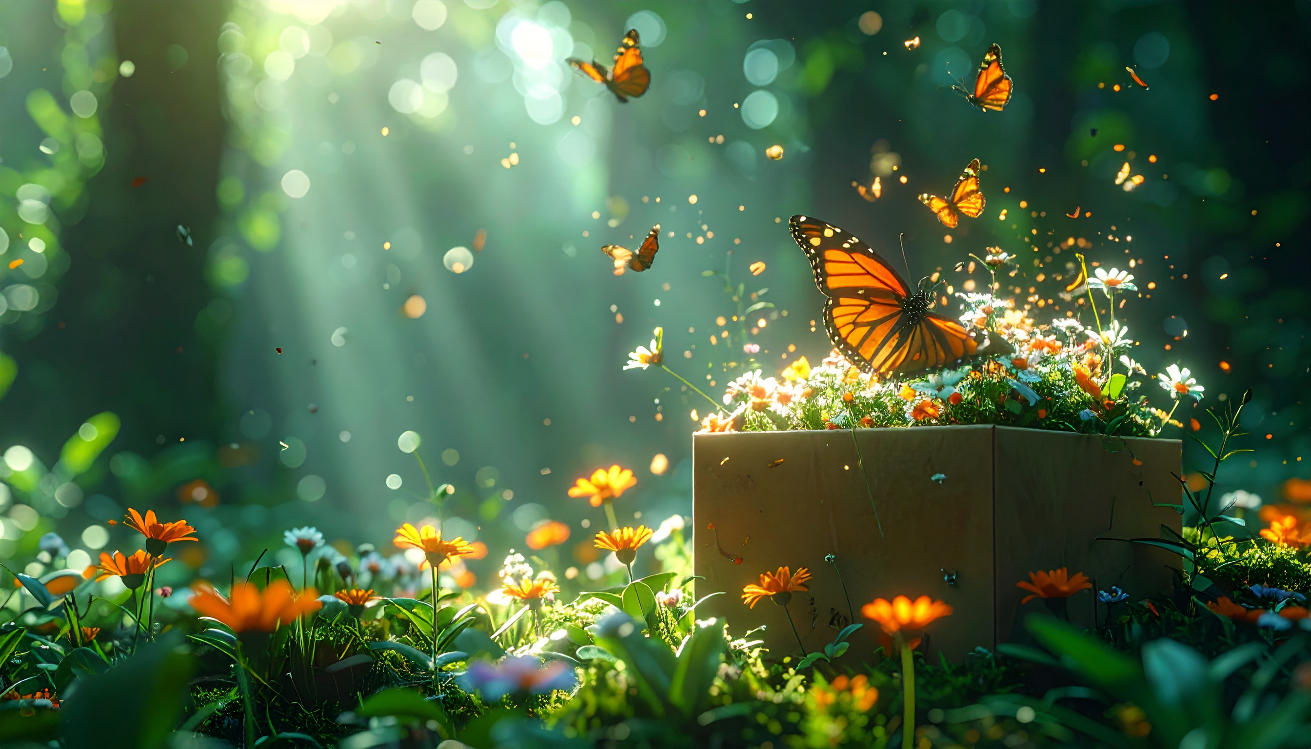 Borboletas laranja voando sobre uma caixa de flores em um jardim iluminado. Essa cena transmite serenidade e beleza natural, ideal para campanhas de marketing de produtos ecológicos. As flores vibrantes e as borboletas em movimento realçam a vitalidade, criando uma sensação de harmonia. Pode ser usada em materiais promocionais de jardinagem ou decoração de ambientes. A combinação de luz suave e natureza oferece uma estética encantadora e inspiradora.