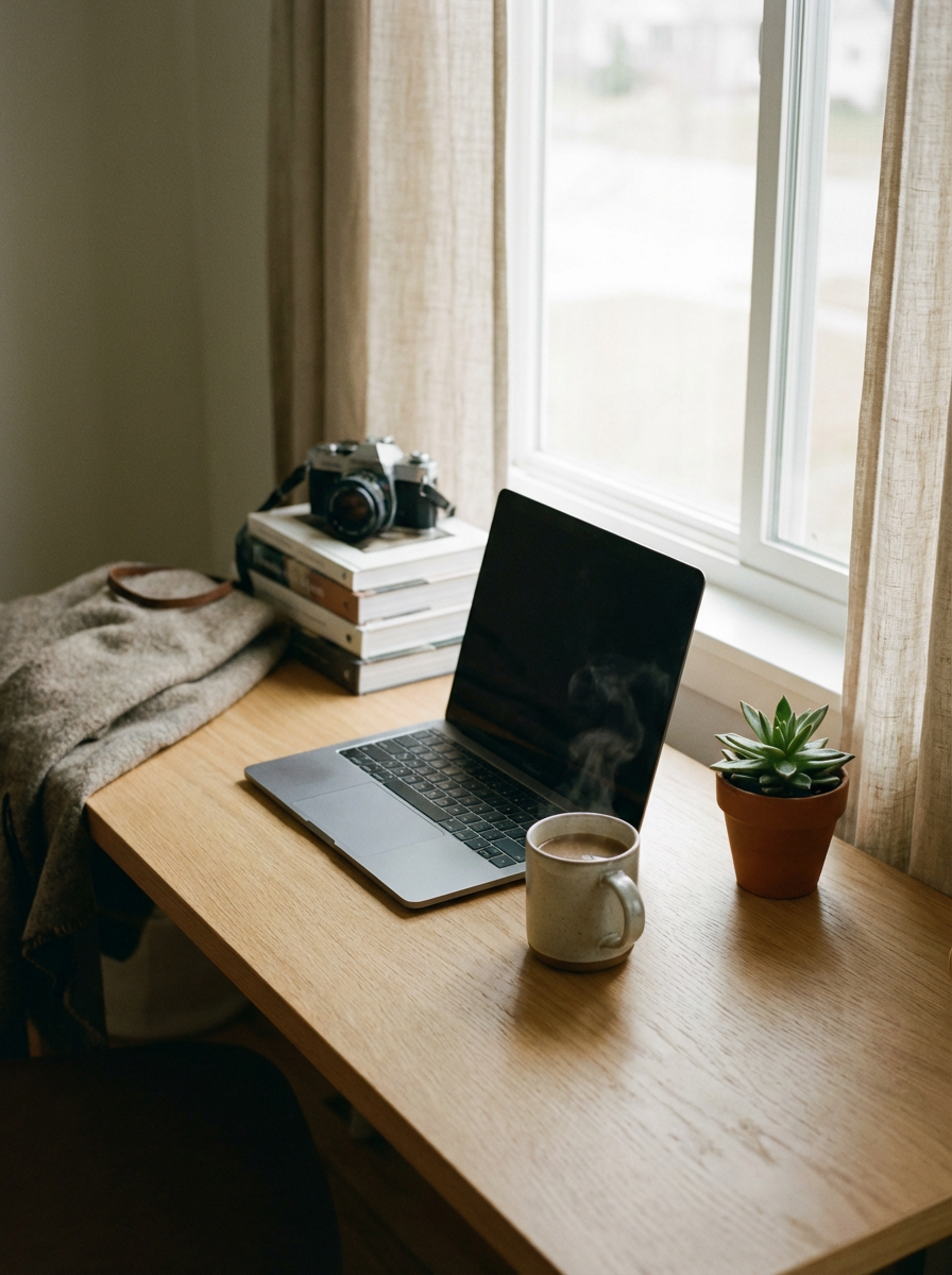 A minimalist workspace features a sleek laptop on a wooden desk