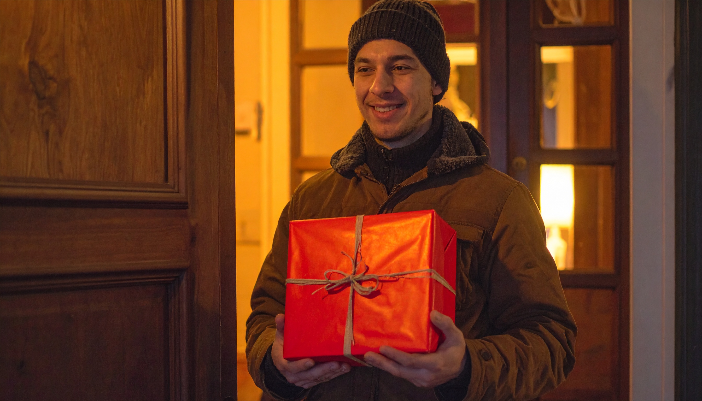 Smiling Man in Winter Attire Holding a Gift
