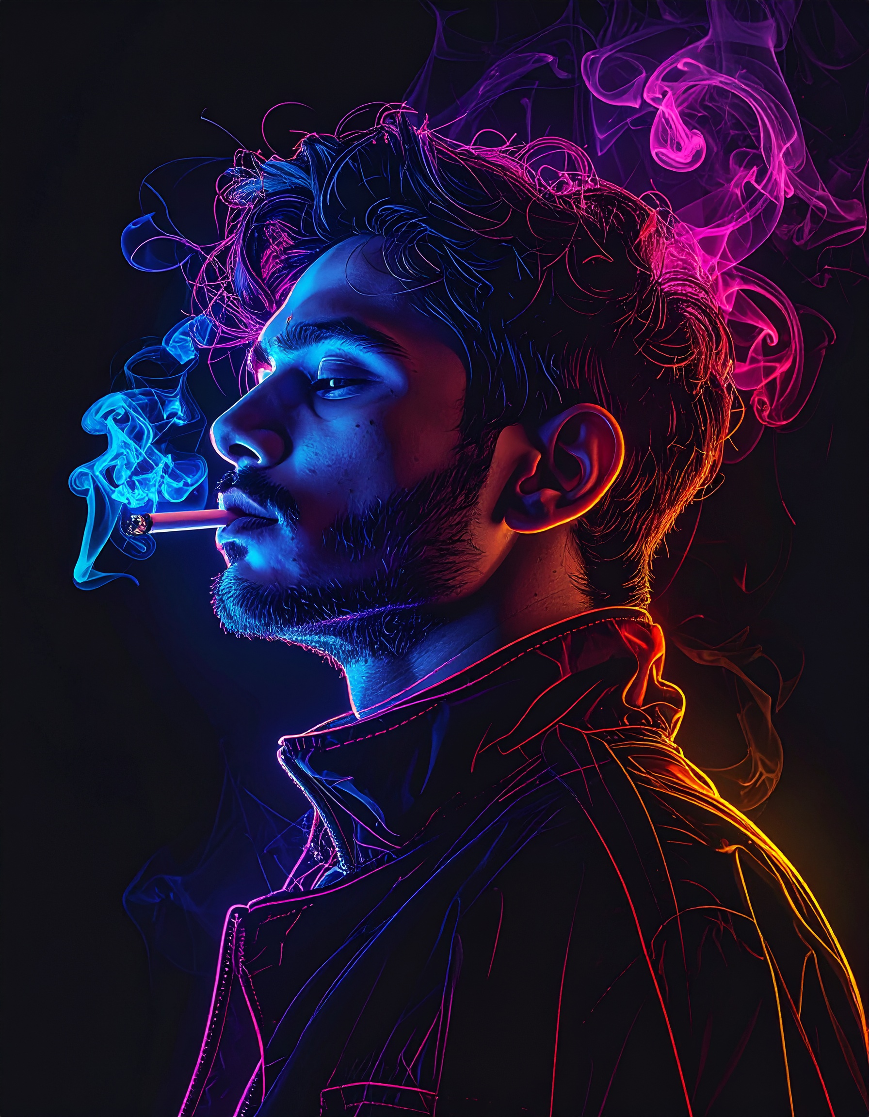 A young man with vibrant neon lighting smokes a cigarette