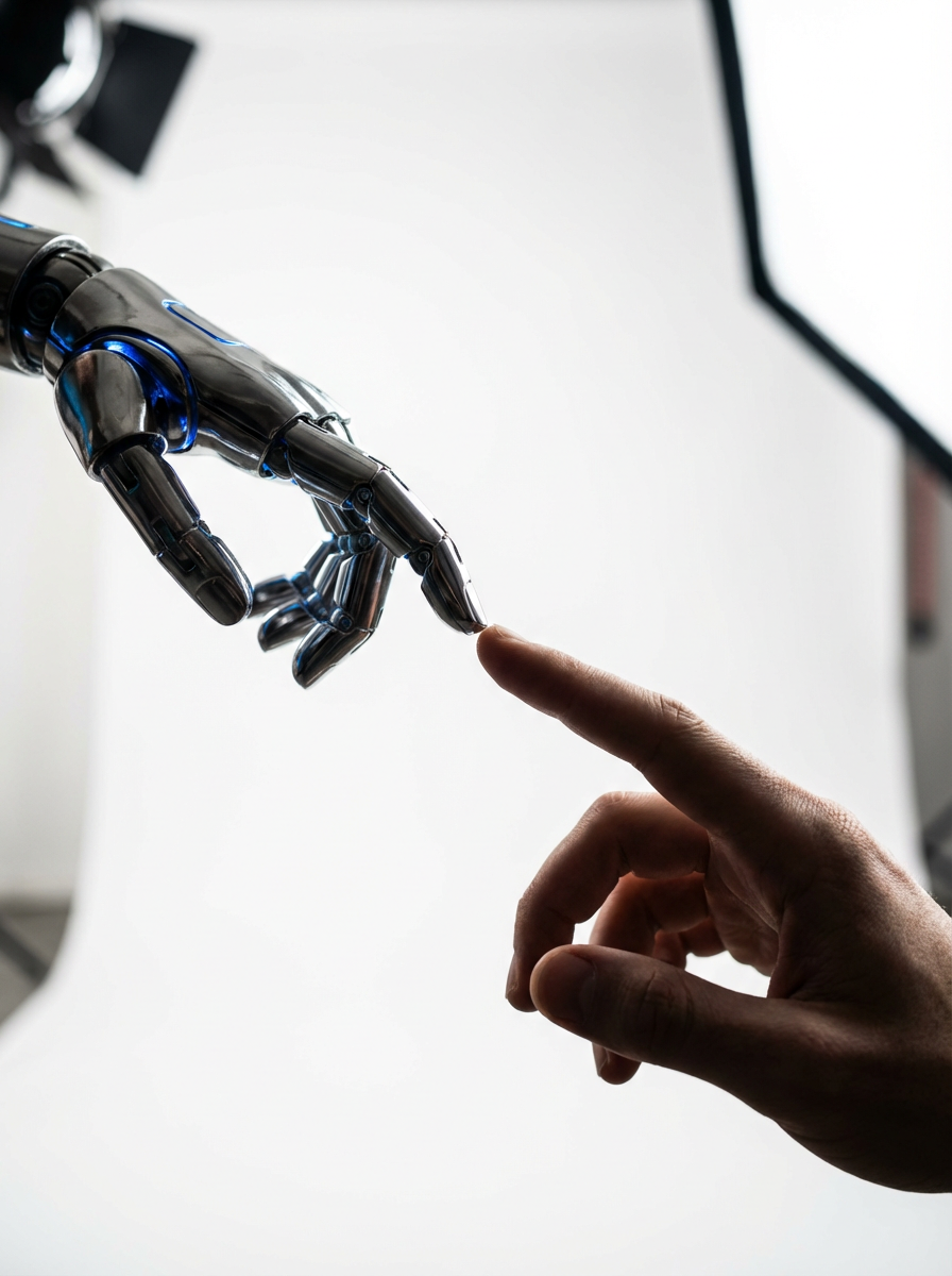A robotic hand reaches out to touch a human finger against a clean, white background