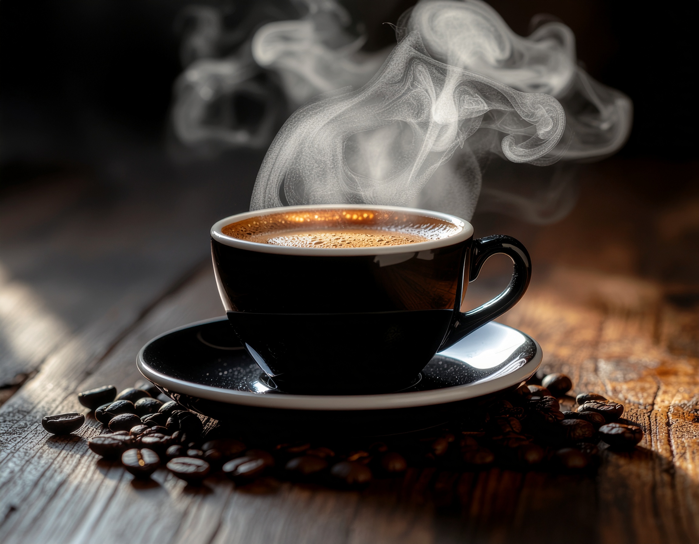 Black Mug with Steaming Coffee on Rustic Wooden Table