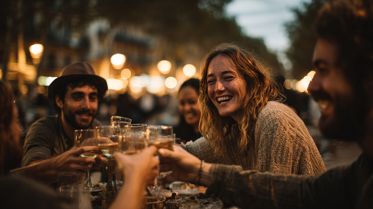 A imagem captura um grupo de pessoas brindando com copos de bebida em um ambiente ao ar livre, em uma atmosfera descontraída e festiva. As cores são quentes, predominando tons de dourado e marrom, com destaques de verde e azul ao fundo. O sorriso alegre de uma mulher em primeiro plano contrasta com a escuridão ao redor, criando um foco visual. A iluminação suave do ambiente sugere um entardecer, proporcionando uma sensação acolhedora.