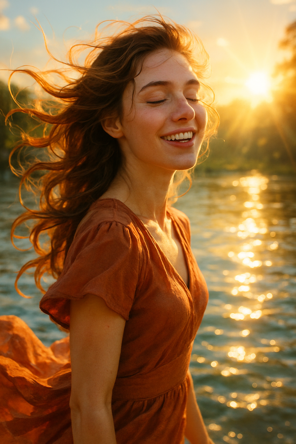 Uma jovem mulher sorrindo com os olhos fechados, com cabelos ao vento, em um cenário de pôr do sol à beira de um rio. Ela usa um vestido laranja e a luz do sol reflete na água, criando um ambiente sereno e alegre.