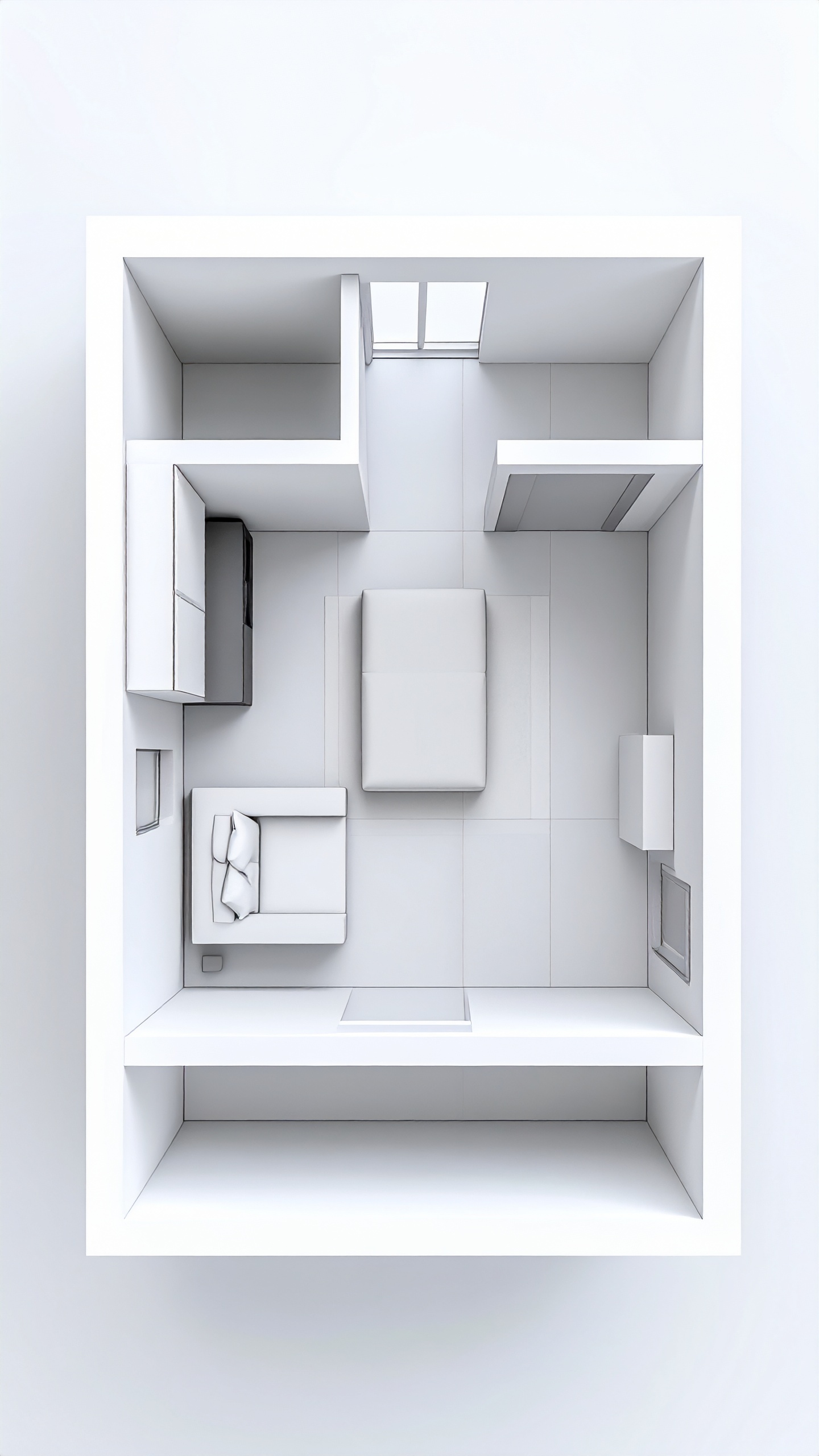 A top-down view of a minimalist room layout showcases a compact living space