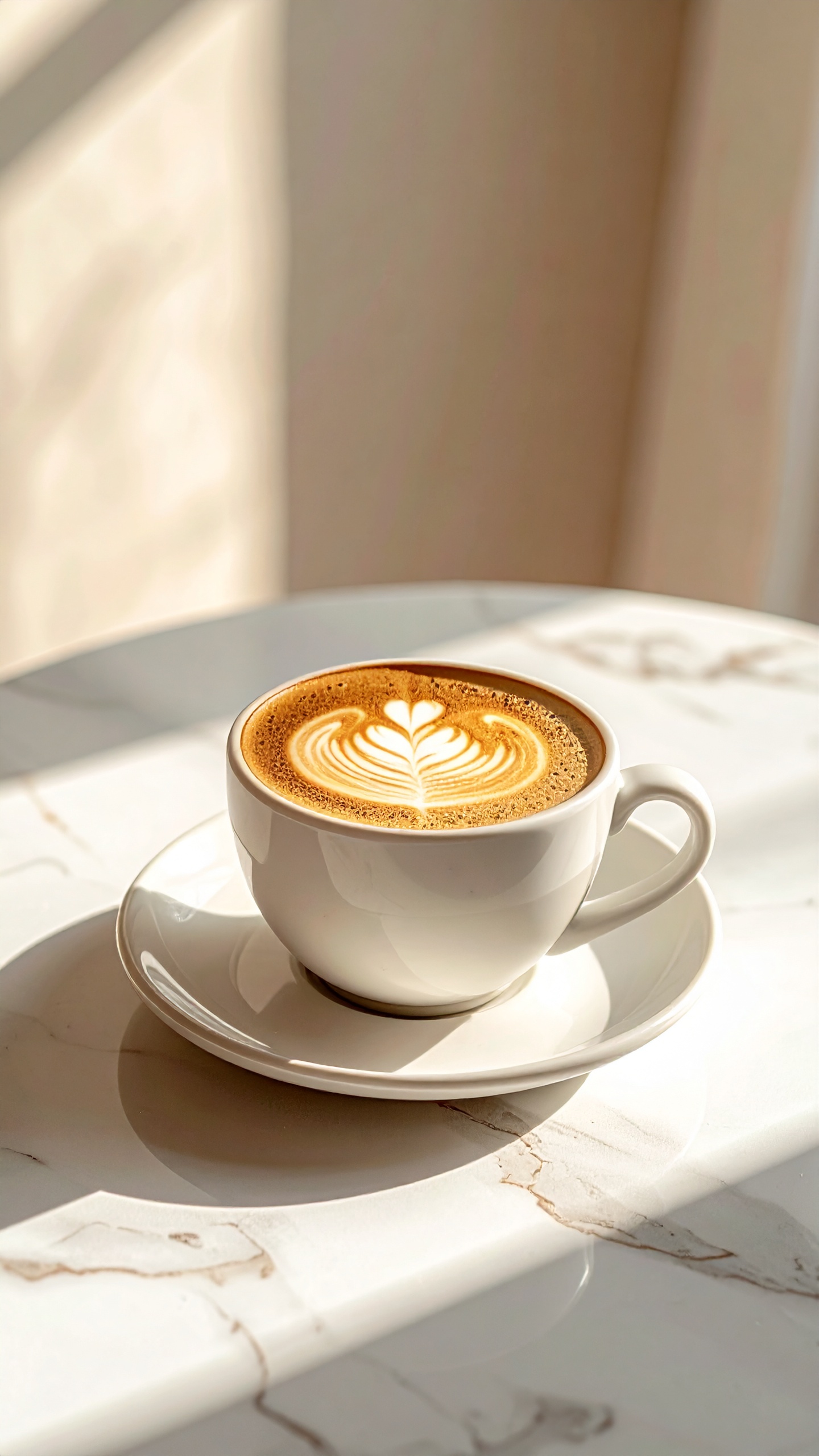 A cappuccino in a white cup sits on a white marble table bathed in sunlight