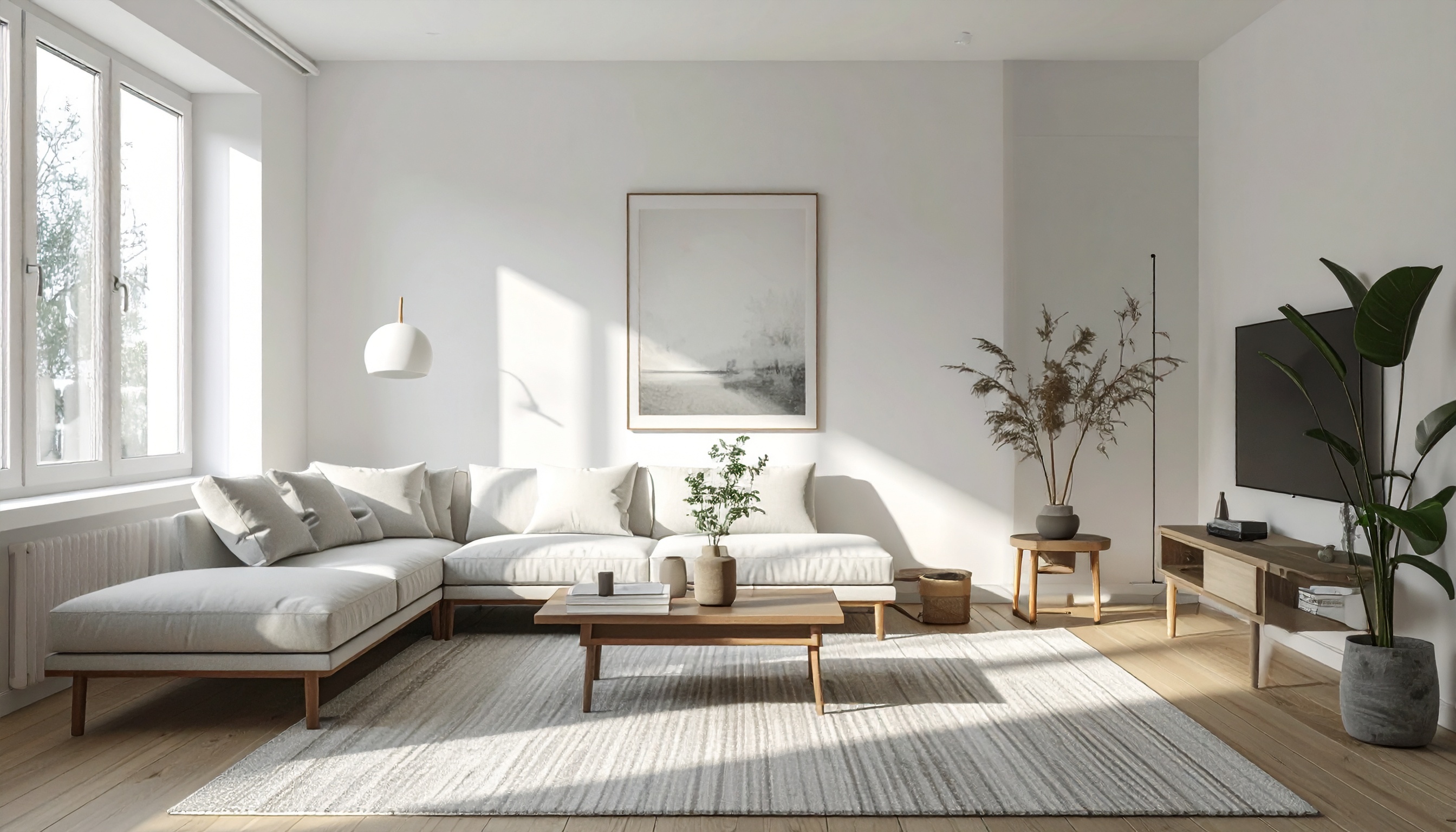 This contemporary living room is elegantly furnished with a sleek, modern sectional sofa and minimal