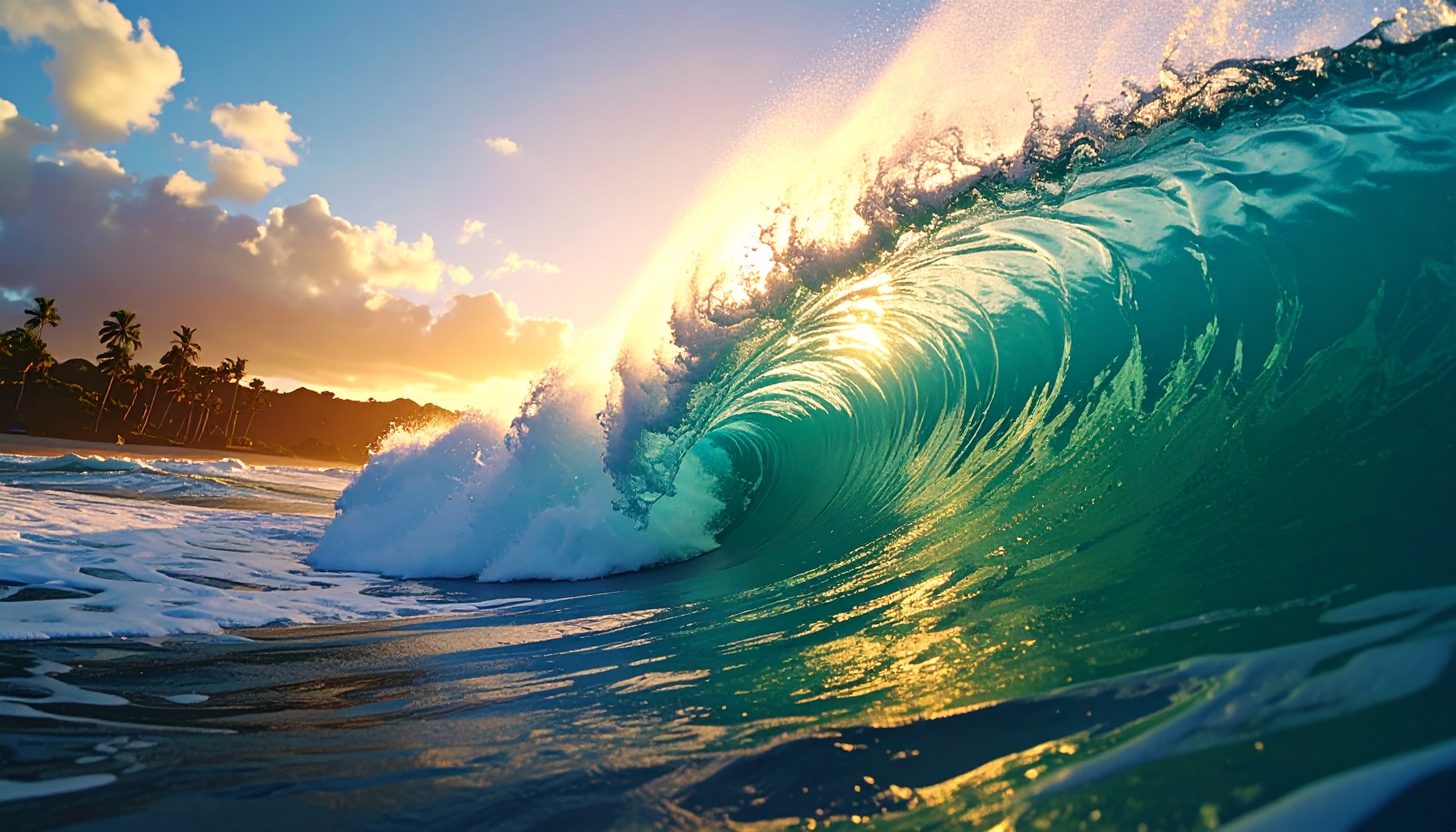 Onda gigante quebra ao pôr do sol, criando um espetáculo de luz e cor. Ideal para decoração de ambientes ou campanhas publicitárias que busquem transmitir a força da natureza. A luz dourada do sol reflete sobre a água azul-turquesa, destacando a beleza natural da cena. Perfeito para uso em qualquer espaço que necessite de um toque de tranquilidade ou inspiração. A imagem evoca uma sensação de liberdade e aventura.